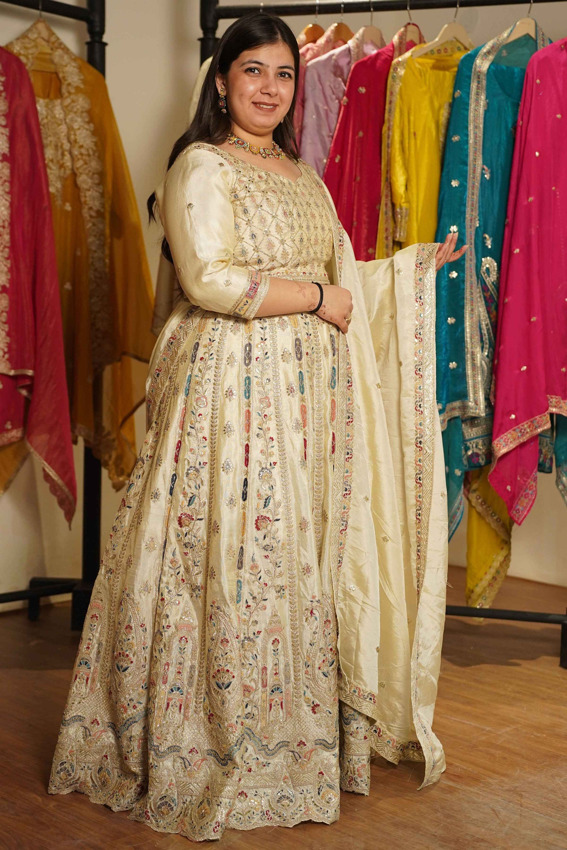 Zareen Ivory Tissue Lehenga With Zari Embroidery