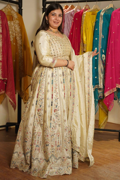 Zareen Ivory Tissue Lehenga With Zari Embroidery
