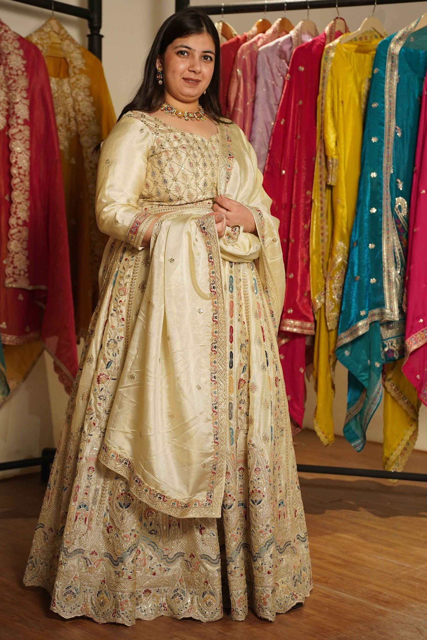 Zareen Ivory Tissue Lehenga With Zari Embroidery