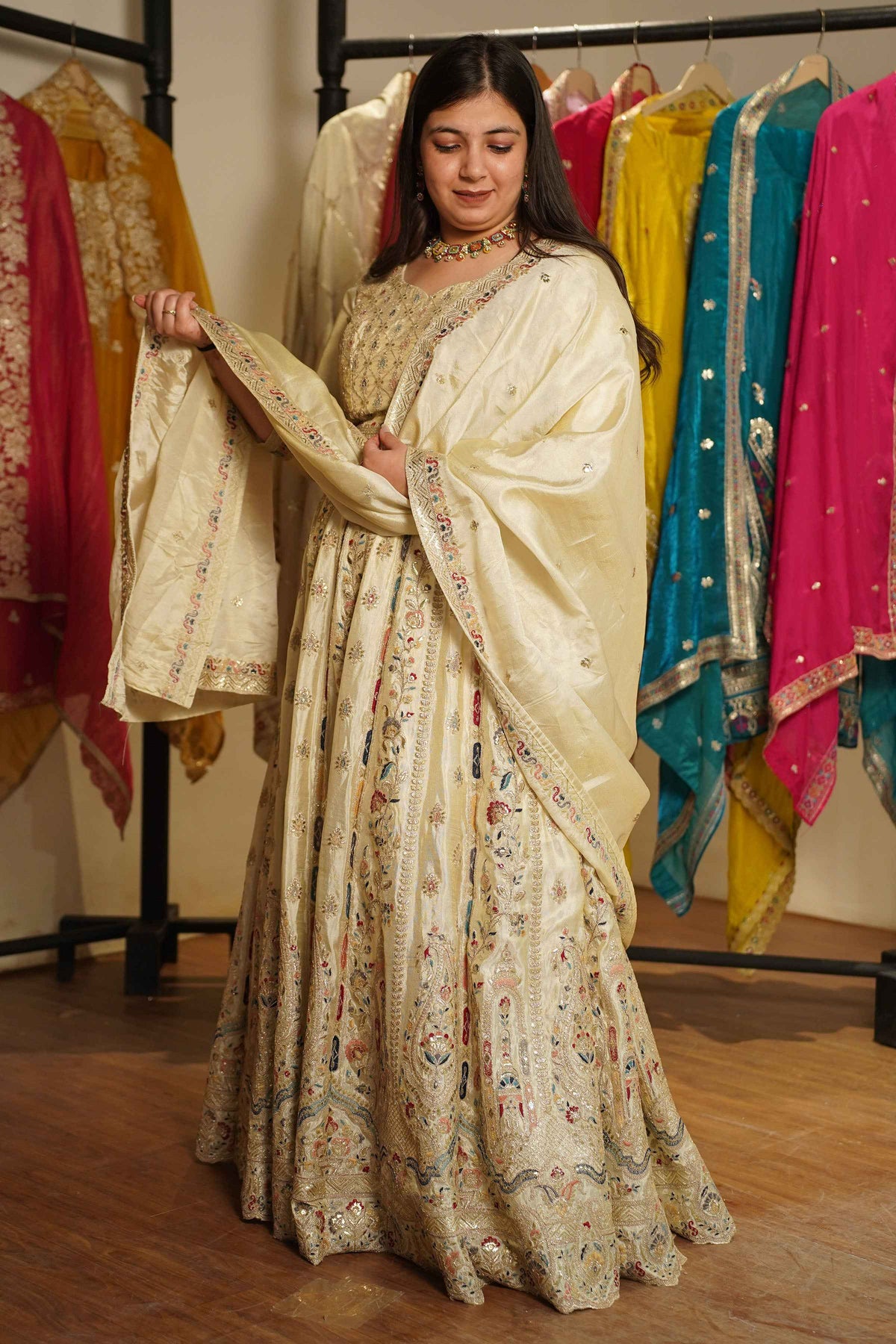 Zareen Ivory Tissue Lehenga With Zari Embroidery