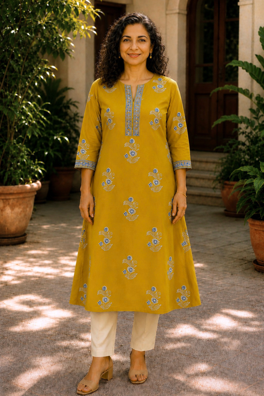 Amaltas Floral A-line Cotton Kali Kurta