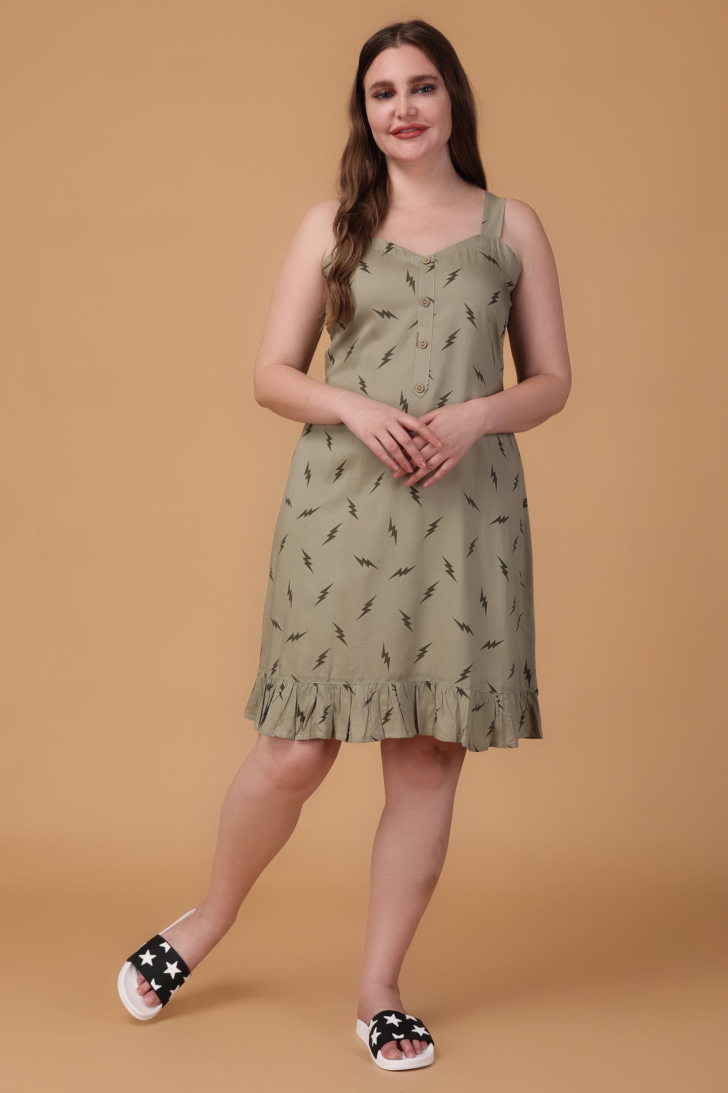  Women Plus Size Olive Frilled Printed Short Nighty