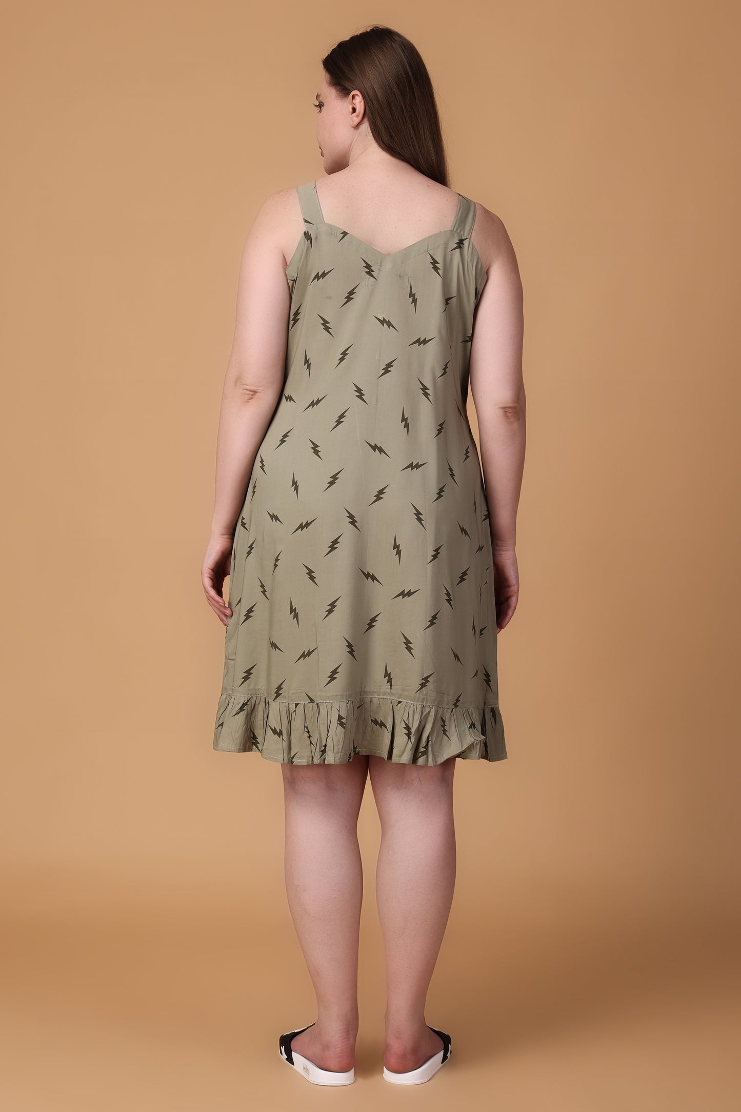 Women Plus Size Olive Frilled Printed Short Nighty