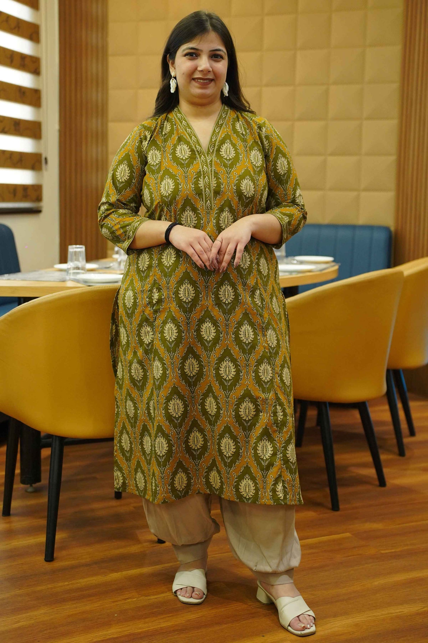 Olive Henna Block Cotton Kali Kurta