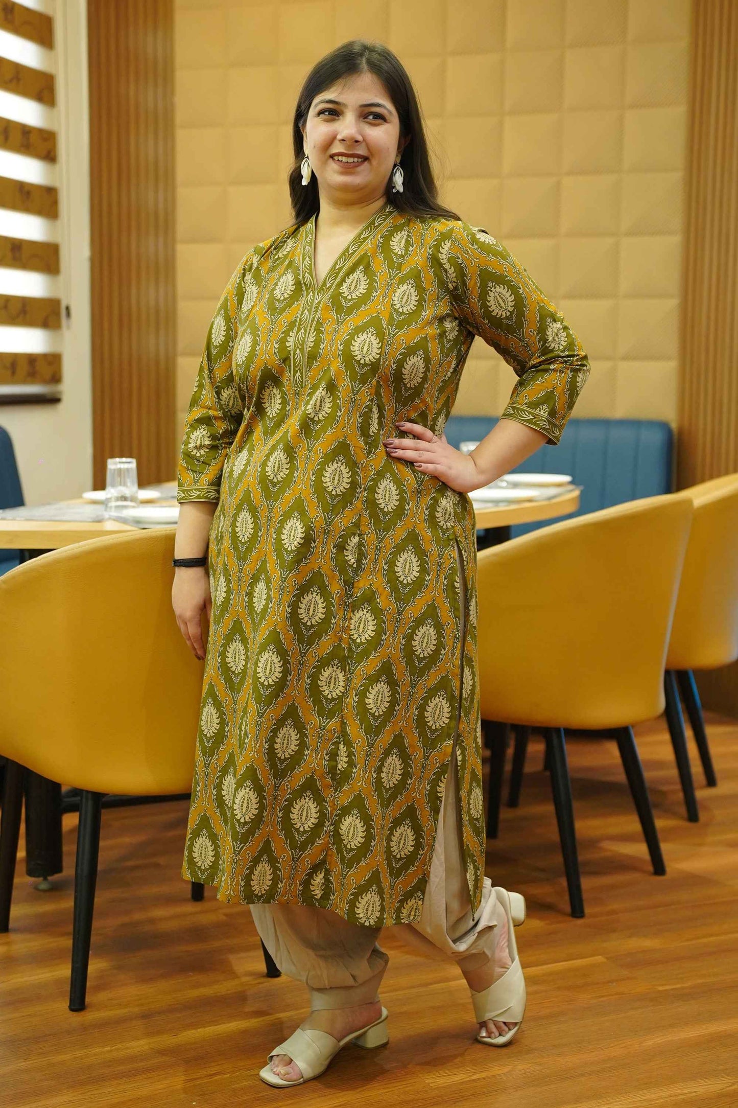 Olive Henna Block Cotton Kali Kurta