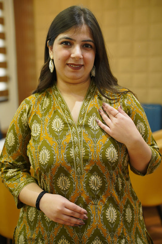 Olive Henna Block Cotton Kali Kurta