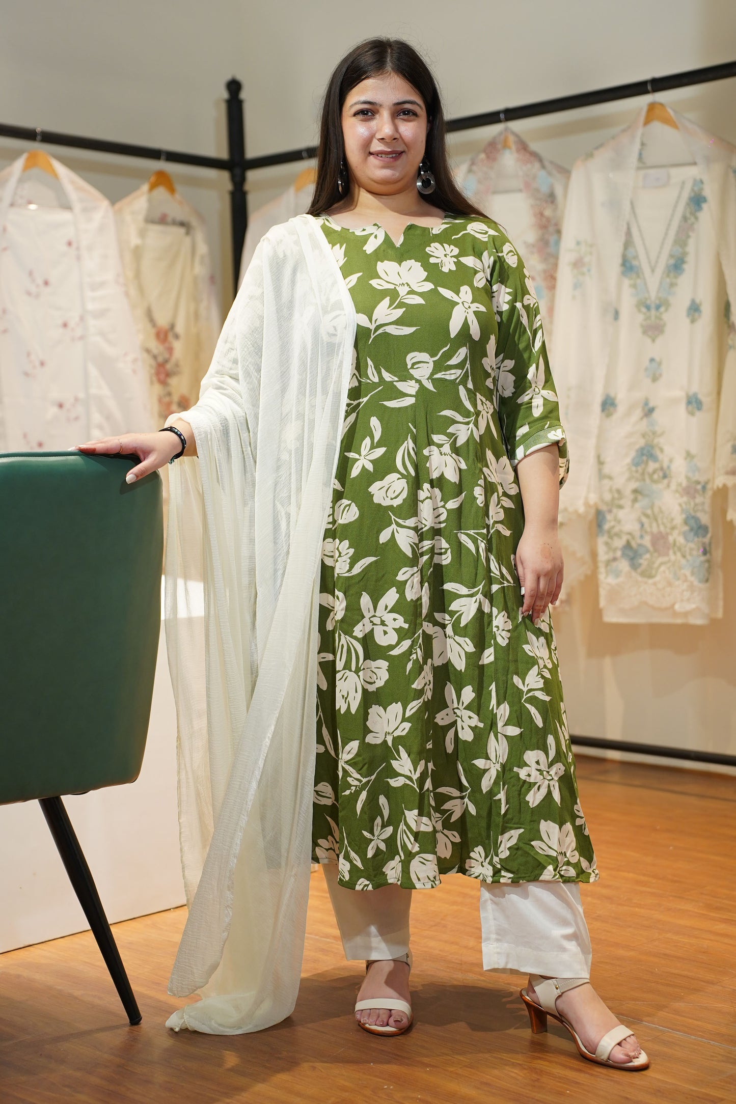 Olive Ivory Floral Anarkali Set