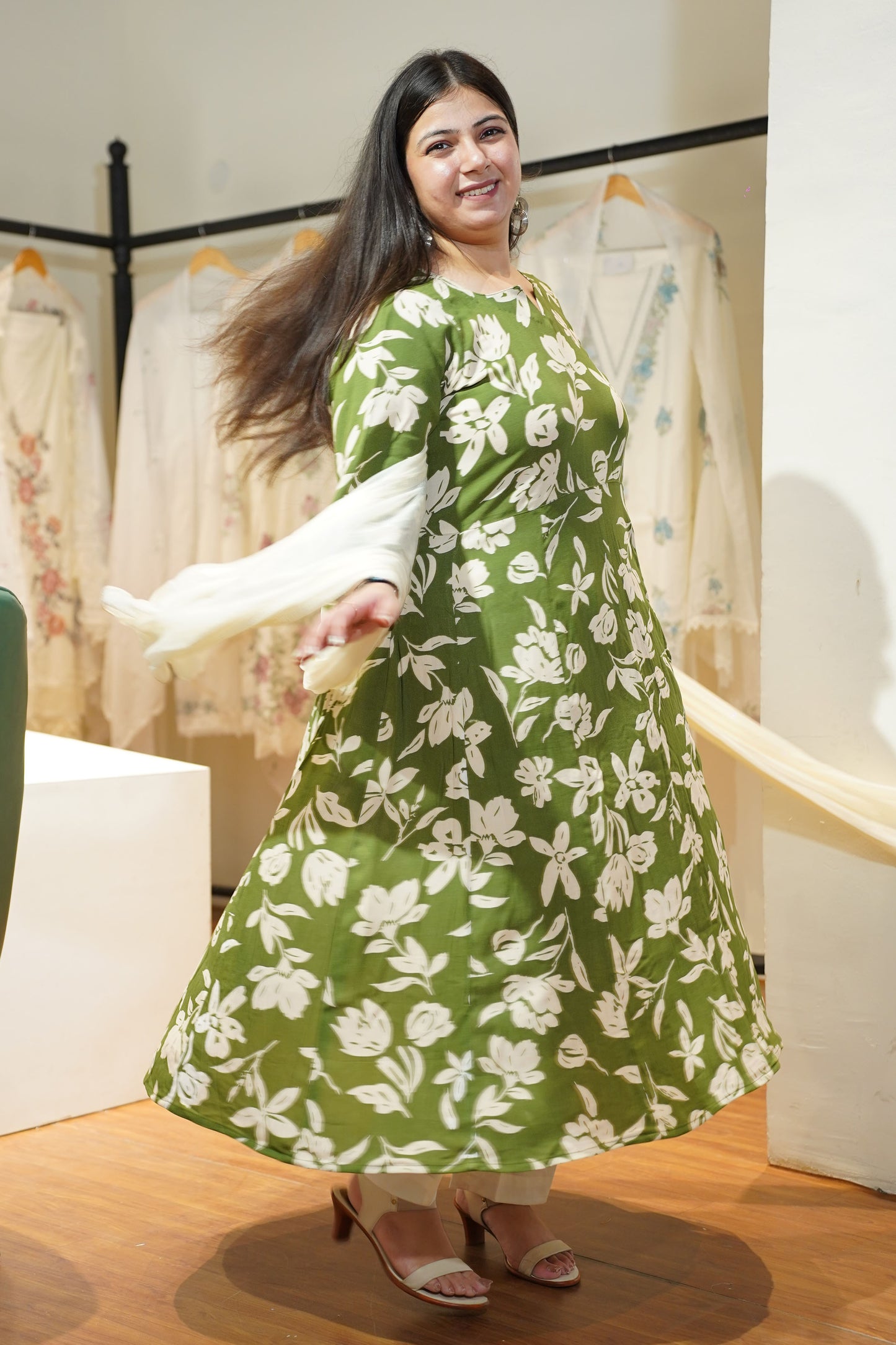 Olive Ivory Floral Anarkali Set