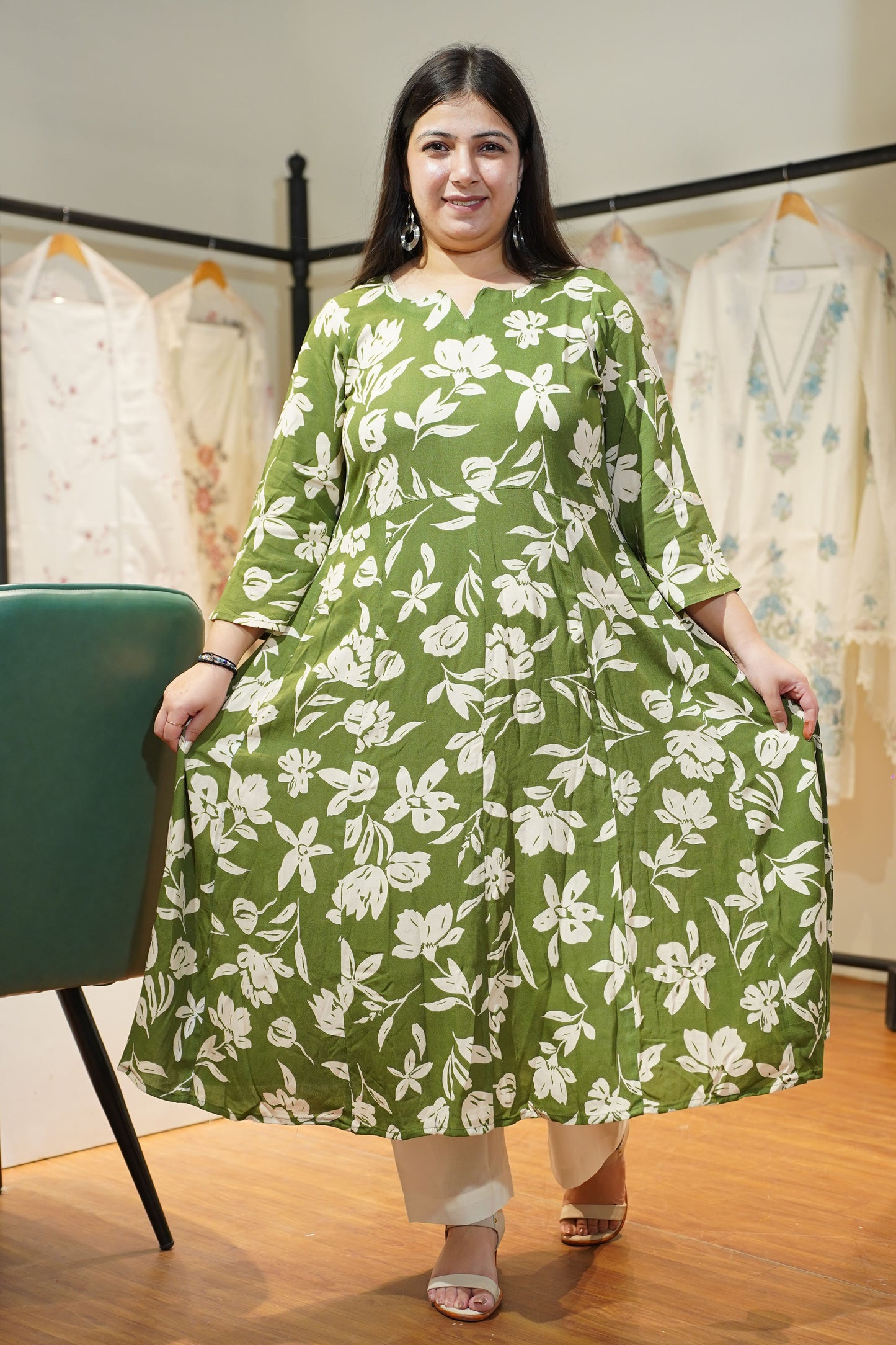 Olive Ivory Floral Anarkali Set