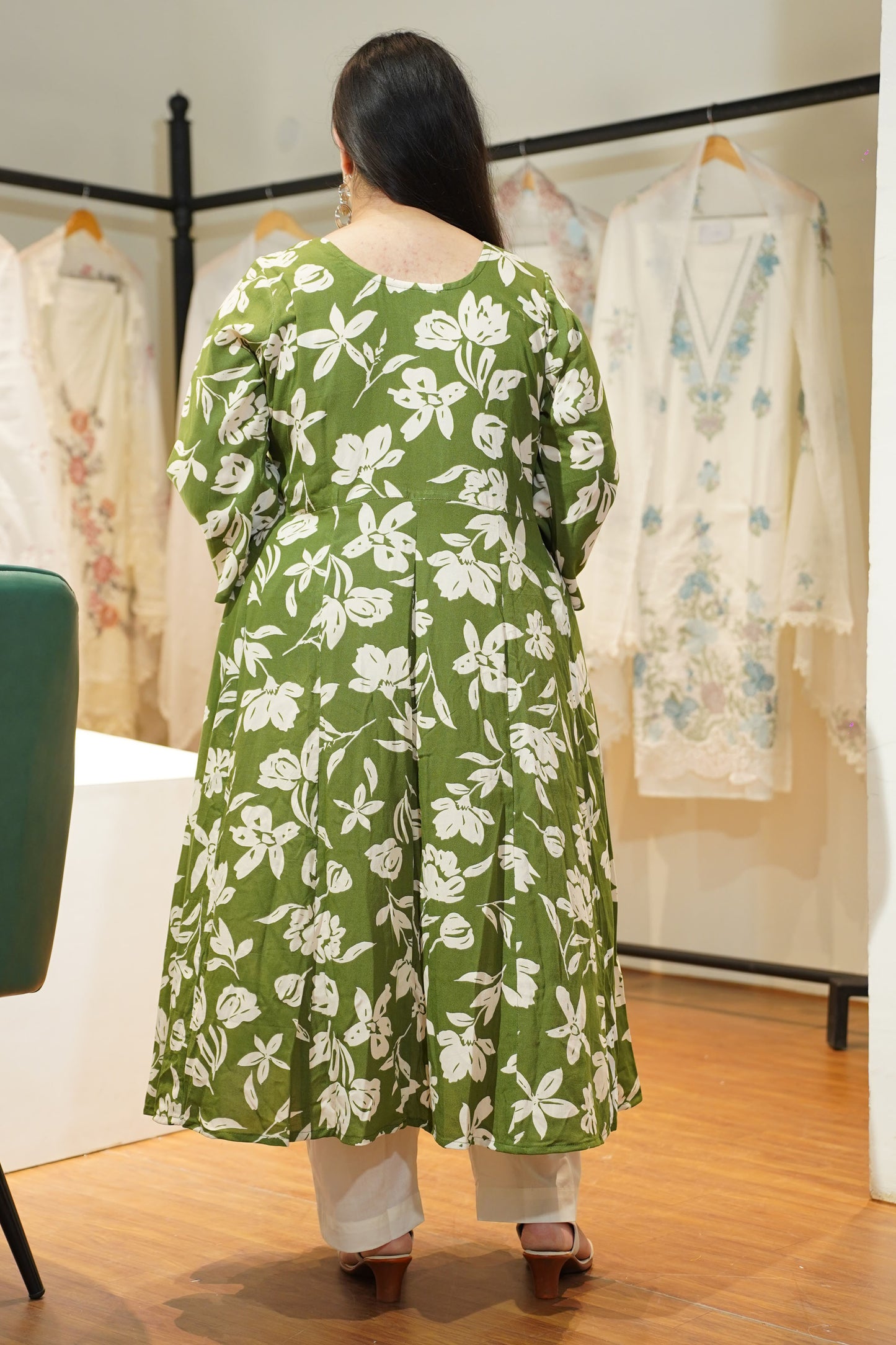 Olive Ivory Floral Anarkali Set