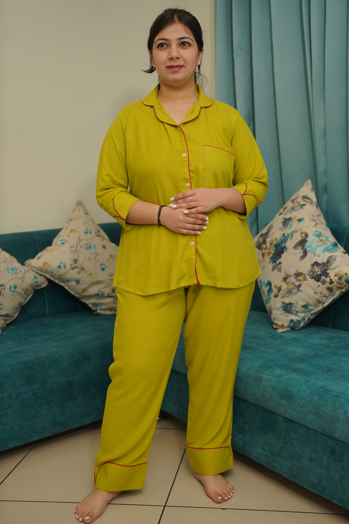 Buy Plus Size ​Olive Lemon Rayon Night Suit At Apella | Sizes XS to 10 XL | India | Free Delivery | Customized