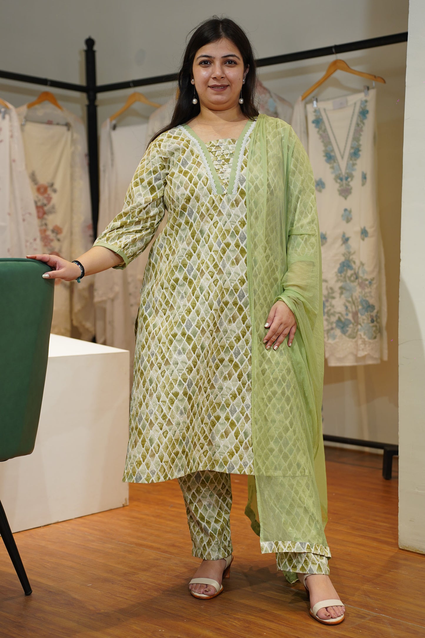 Olive Pearl & Pintuck Suit Set