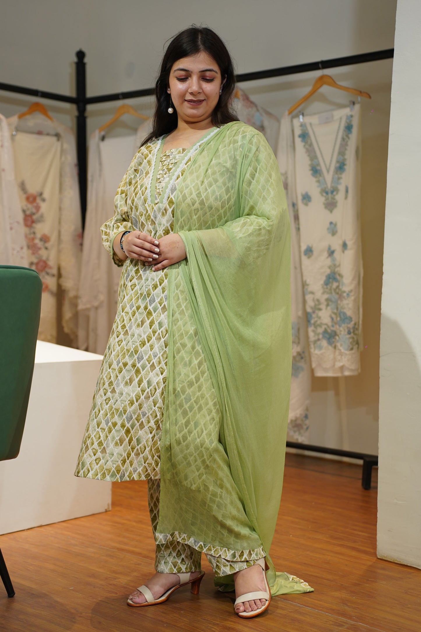 Olive Pearl & Pintuck Suit Set