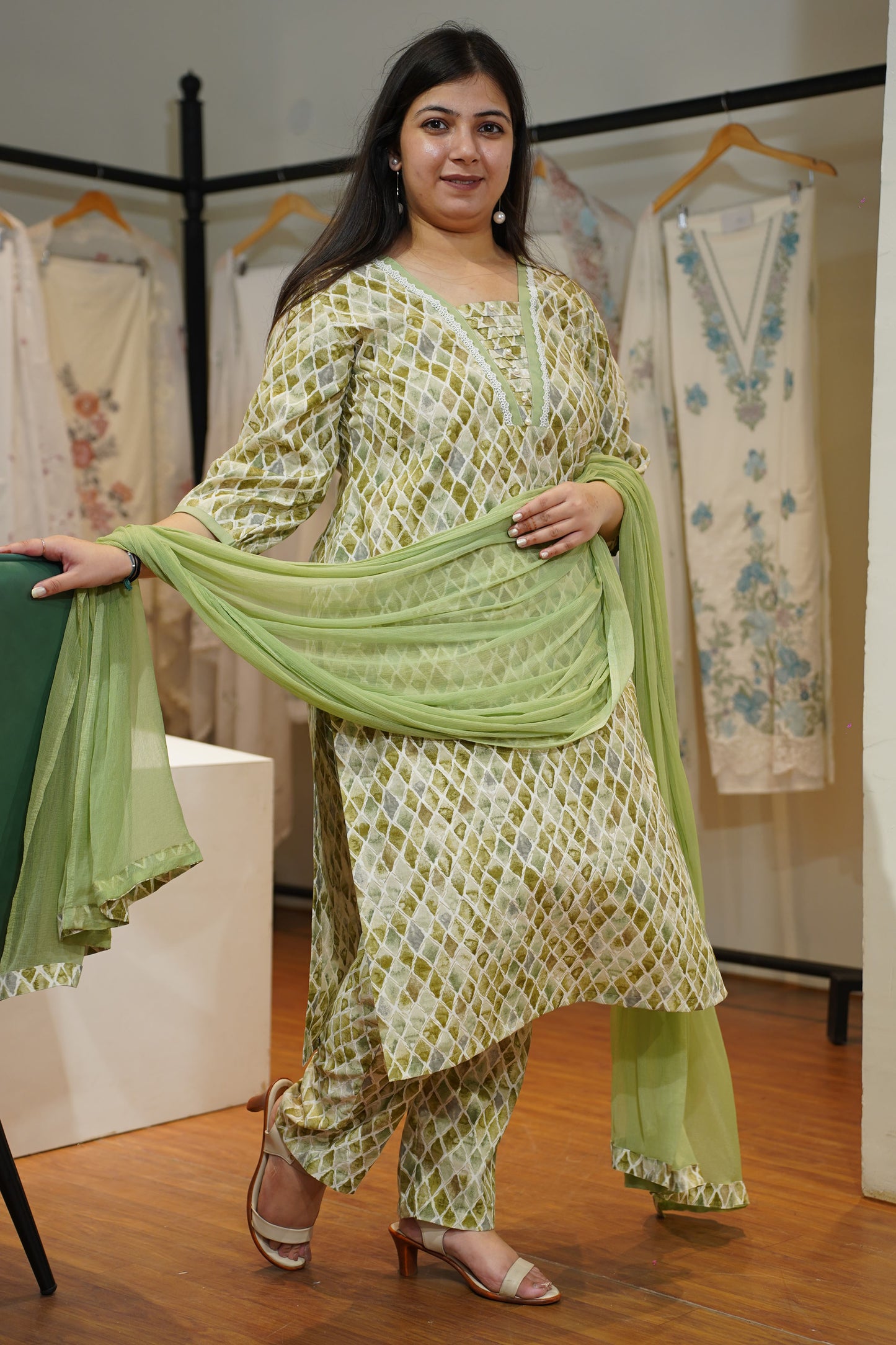 Olive Pearl & Pintuck Suit Set