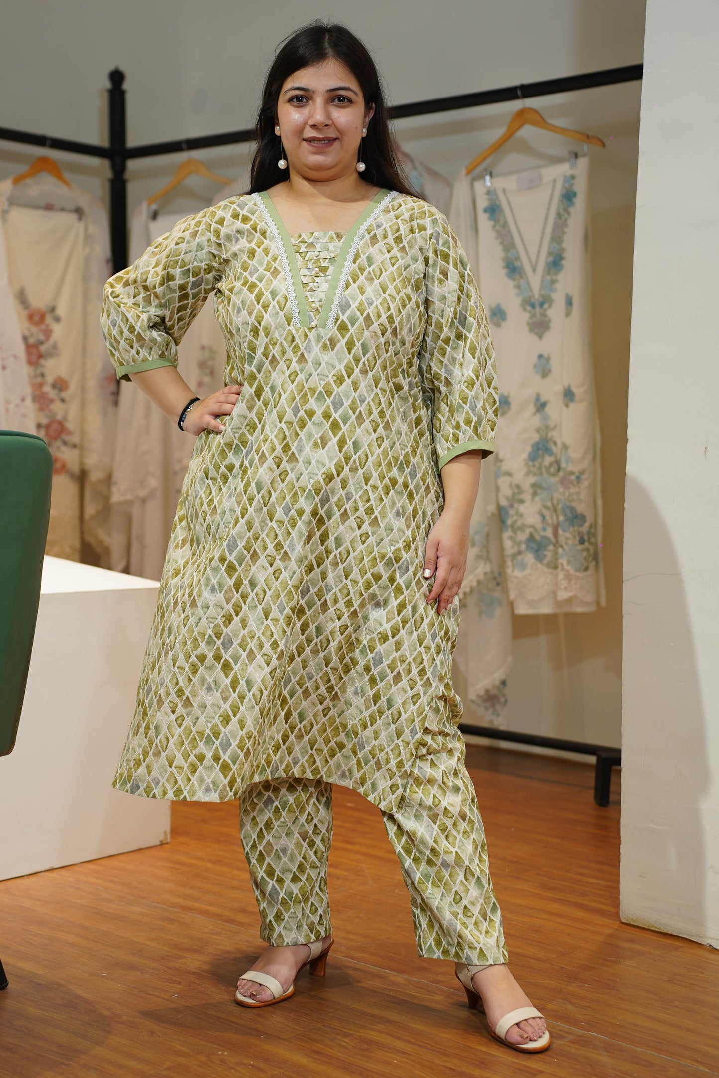 Olive Pearl & Pintuck Suit Set