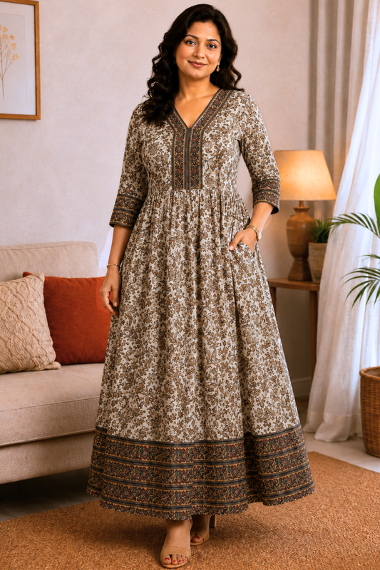 Muted Botanica Foiled Rayon Dress With Pockets