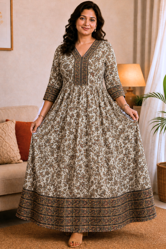 Muted Botanica Foiled Rayon Dress With Pockets