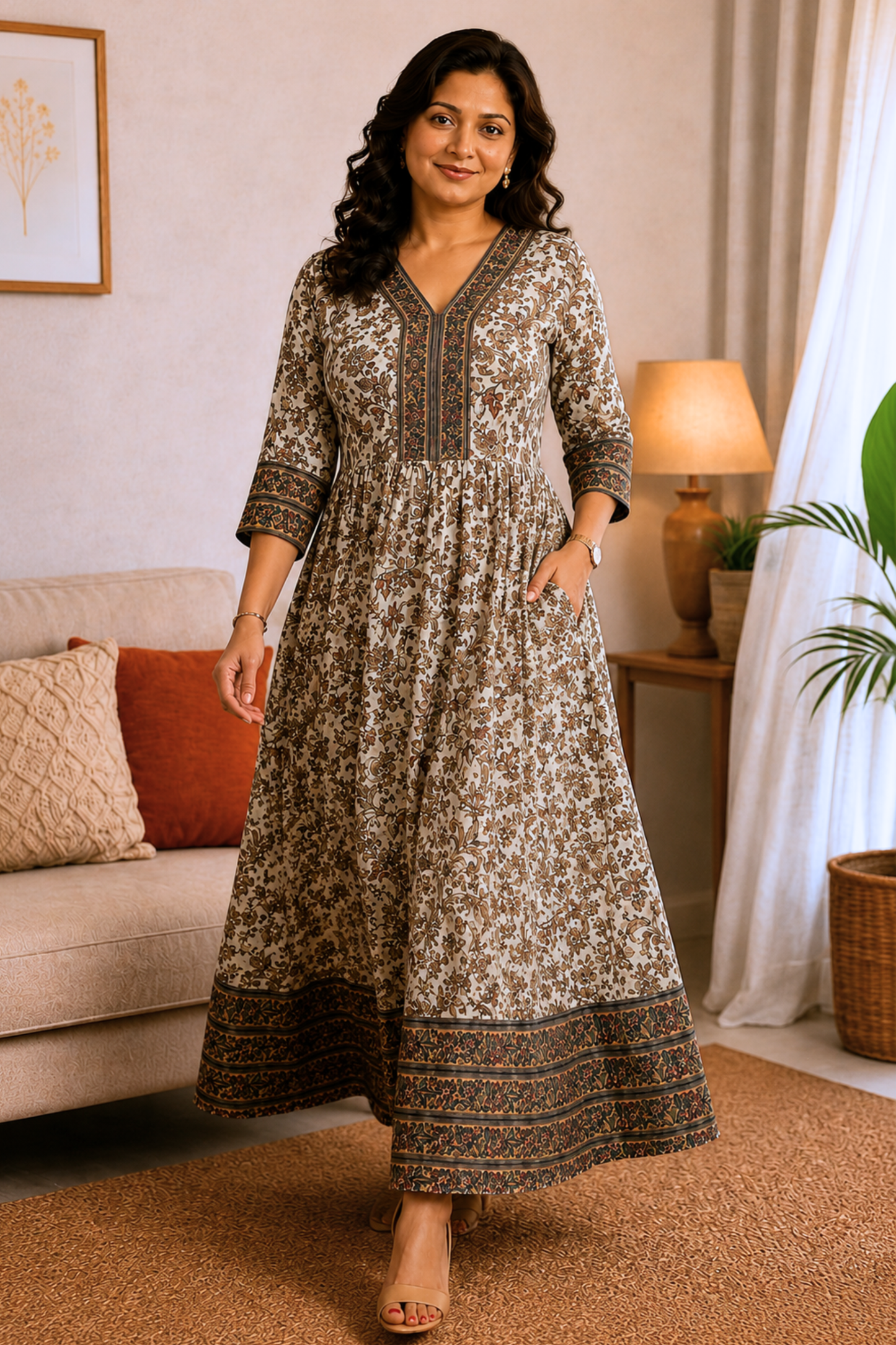 Muted Botanica Foiled Rayon Dress With Pockets