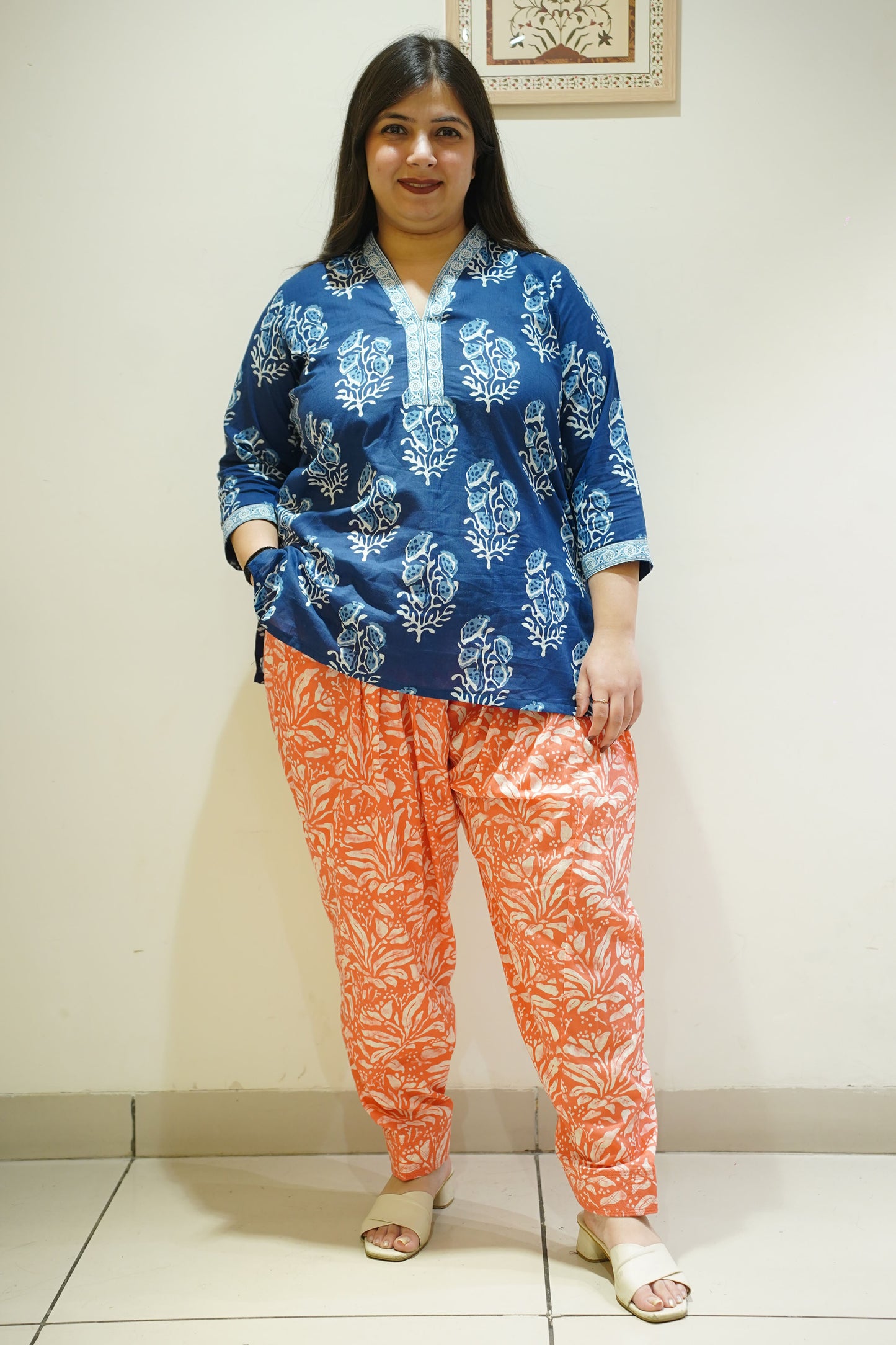 Orange Block Printed Cotton Salwar