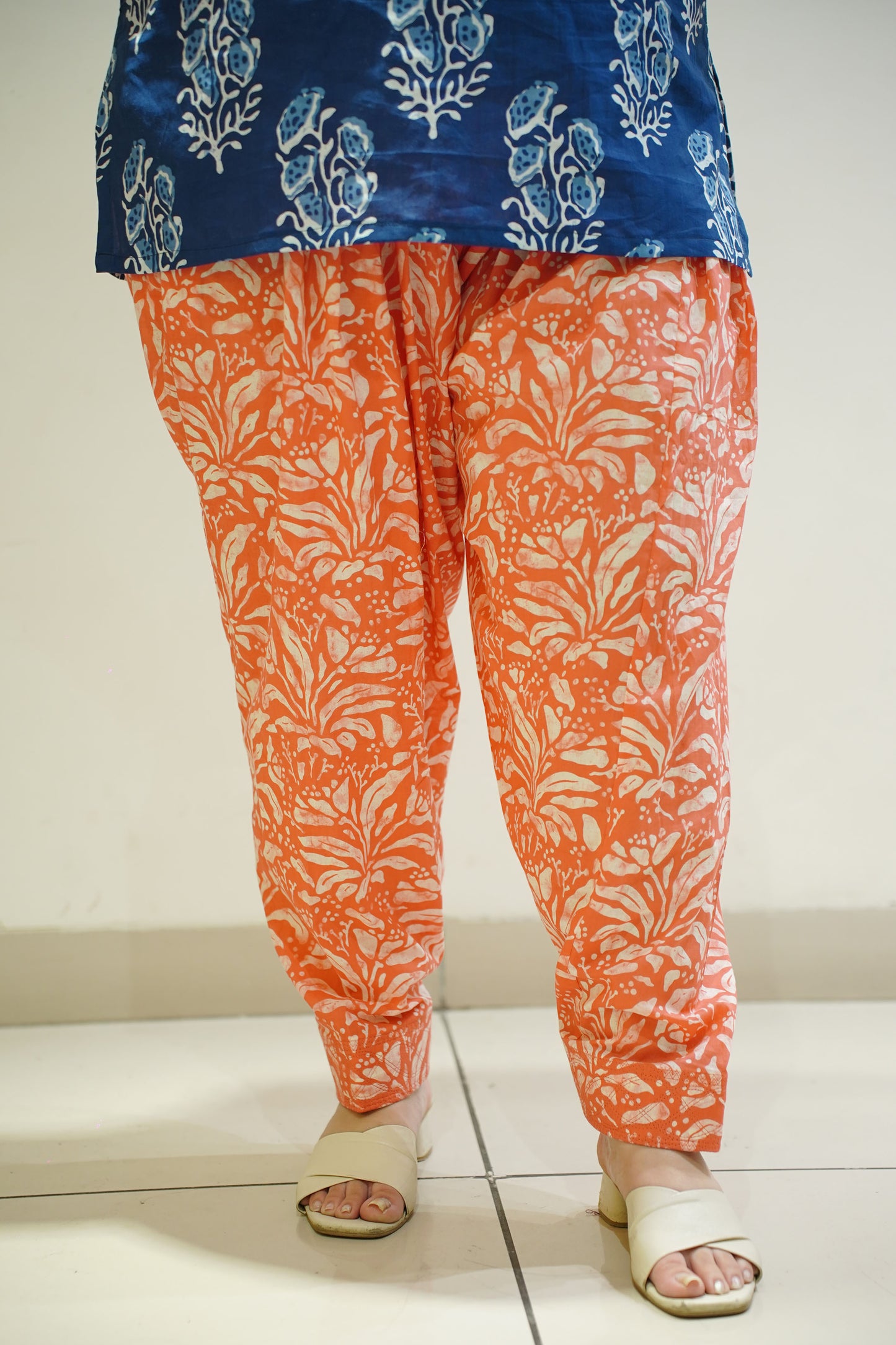 Orange Block Printed Cotton Salwar