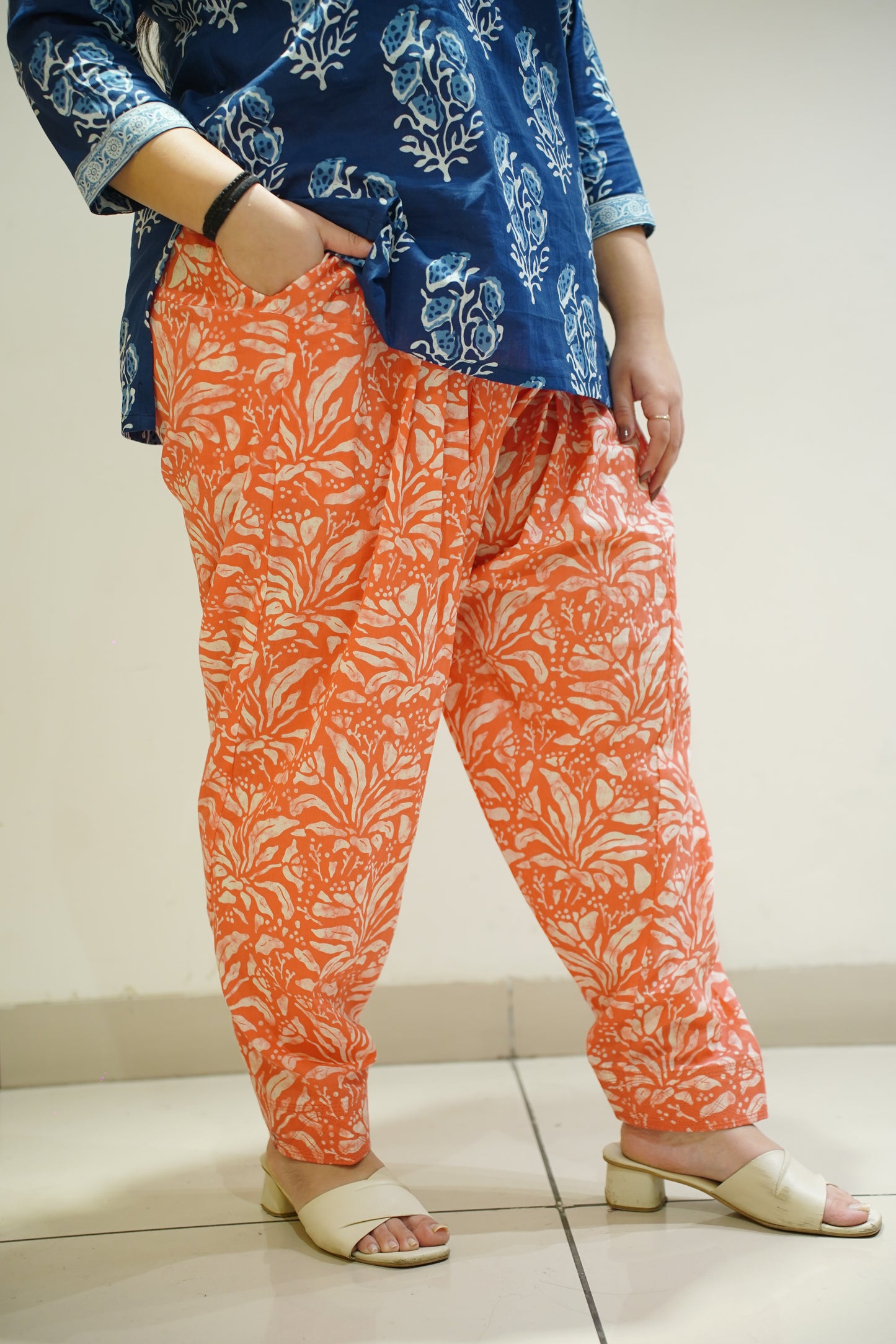 Orange Block Printed Cotton Salwar
