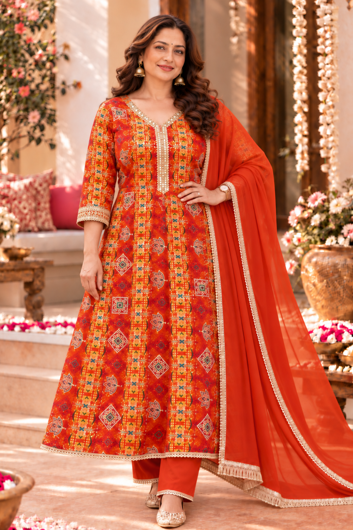 Fiery Tangerine Foiled Anarkali Set