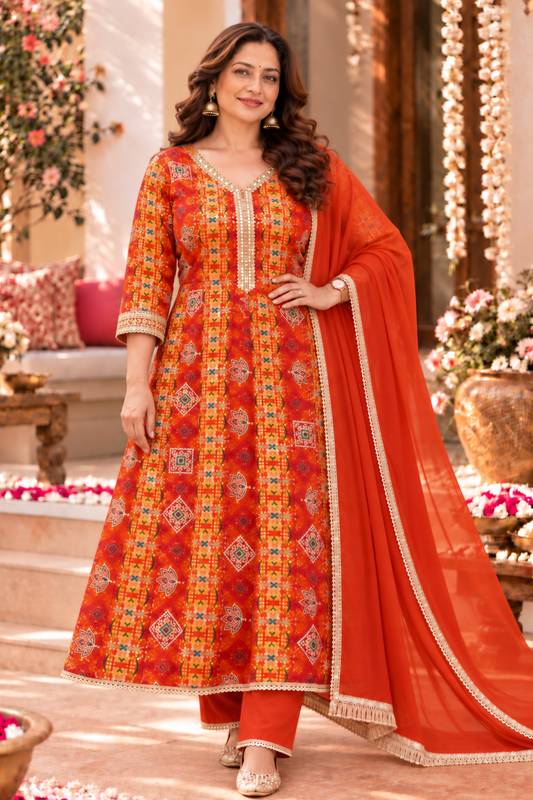 Fiery Tangerine Foiled Anarkali Set
