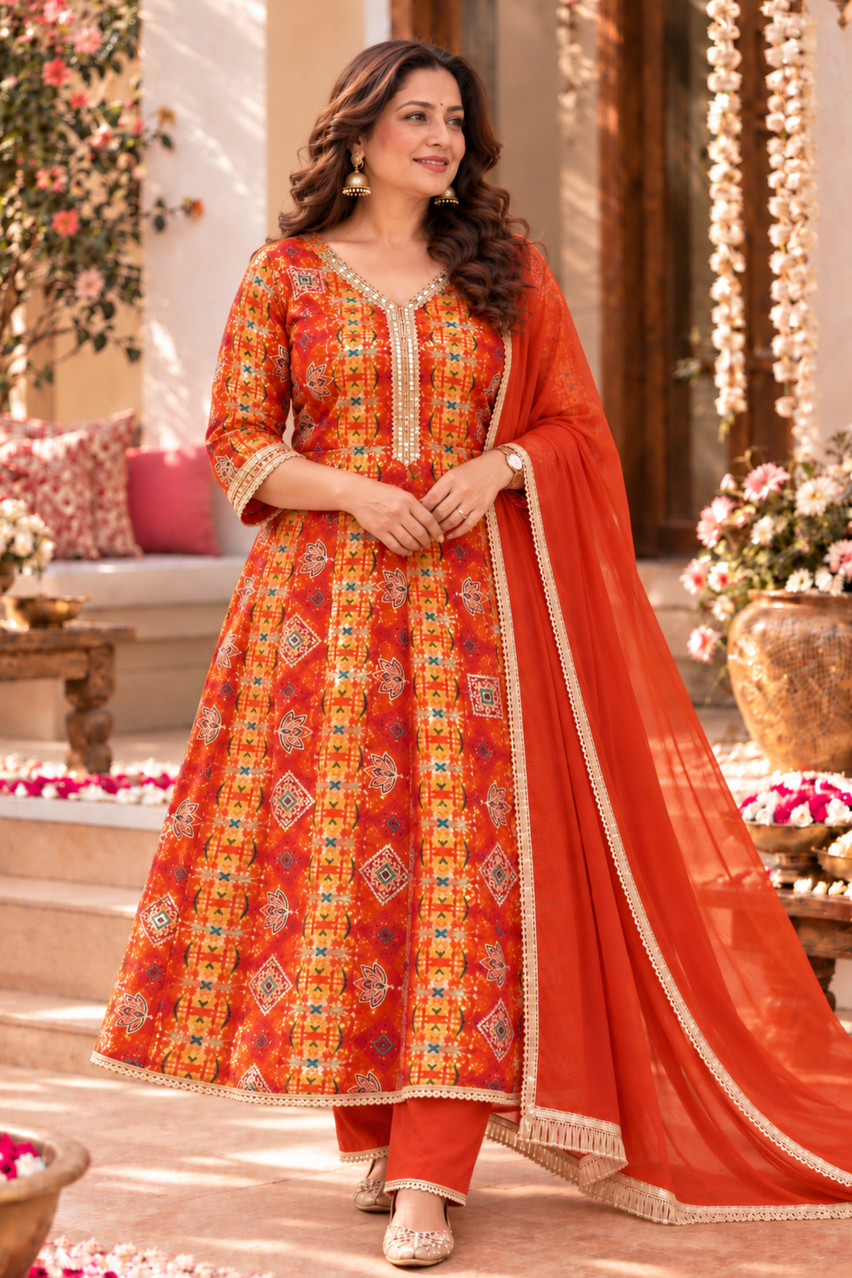 Fiery Tangerine Foiled Anarkali Set