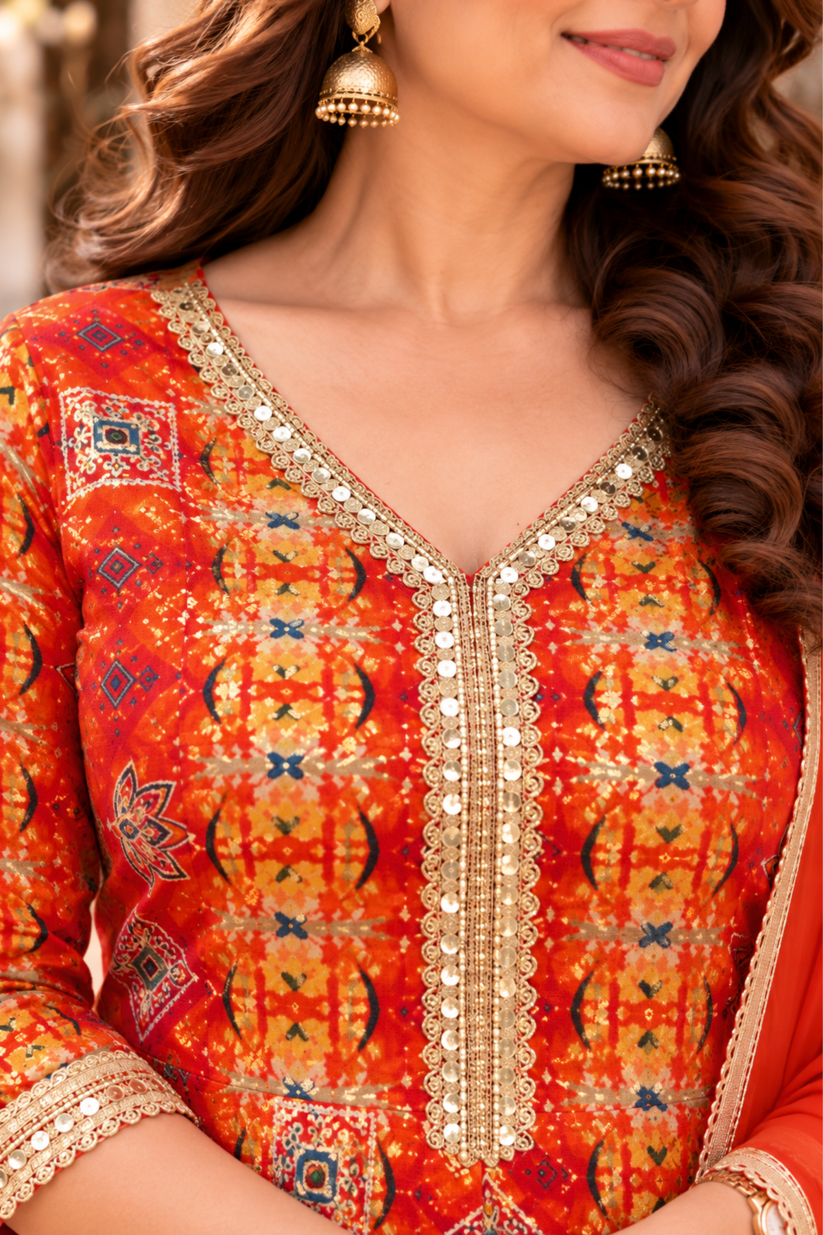 Fiery Tangerine Foiled Anarkali Set
