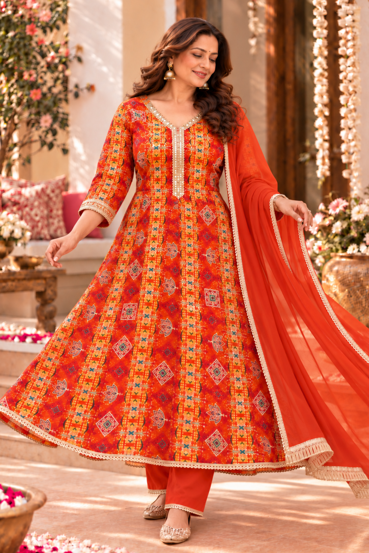Fiery Tangerine Foiled Anarkali Set