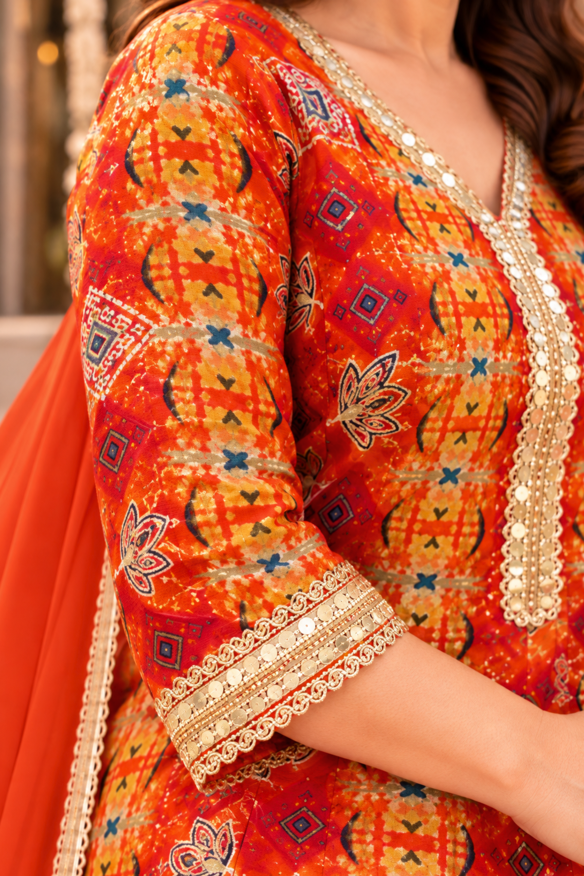 Fiery Tangerine Foiled Anarkali Set