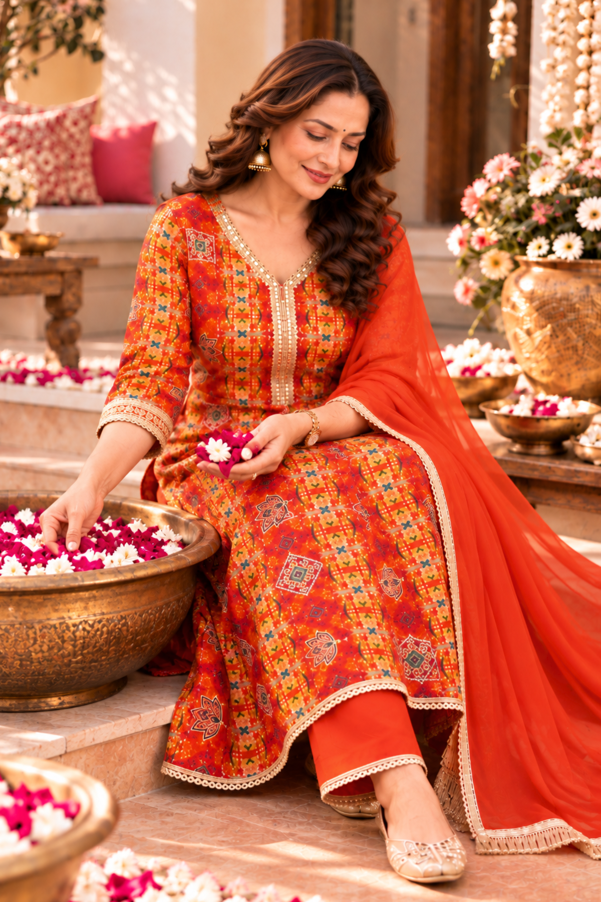 Fiery Tangerine Foiled Anarkali Set