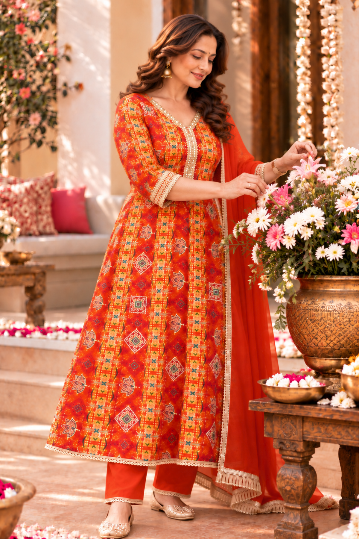 Fiery Tangerine Foiled Anarkali Set