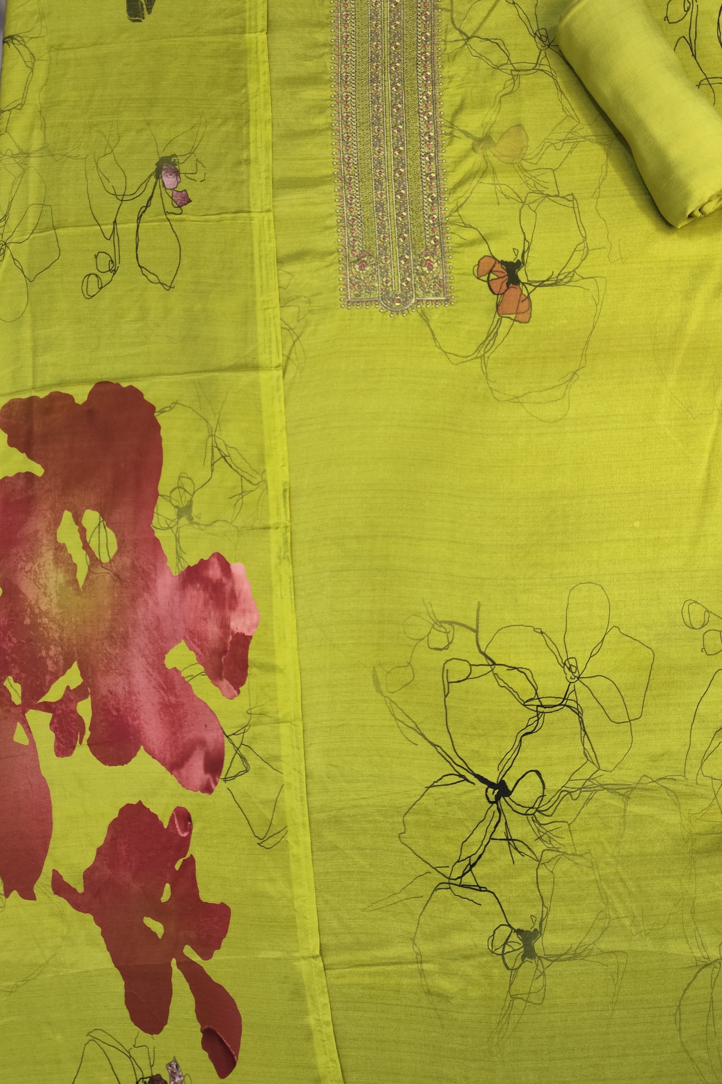 Parrot Floral Muslin Suit with Thread Work