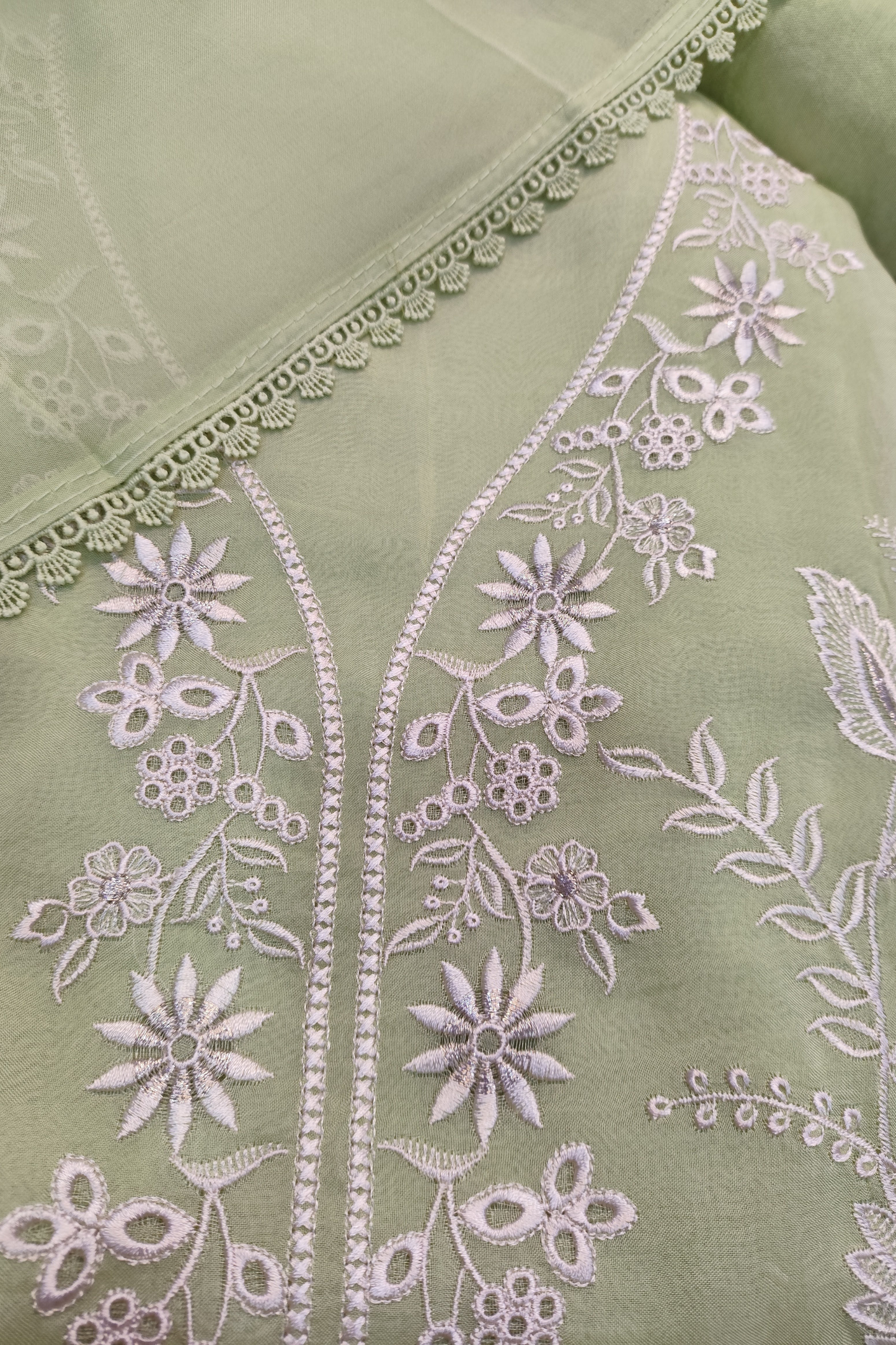 Parrot Pure Organza Suit With Schiffli Work