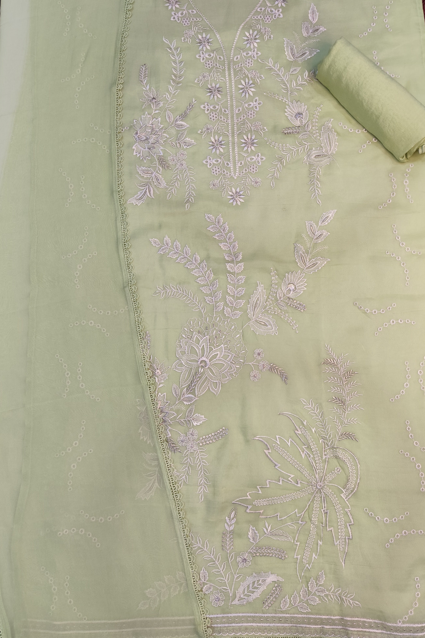 Parrot Pure Organza Suit With Schiffli Work