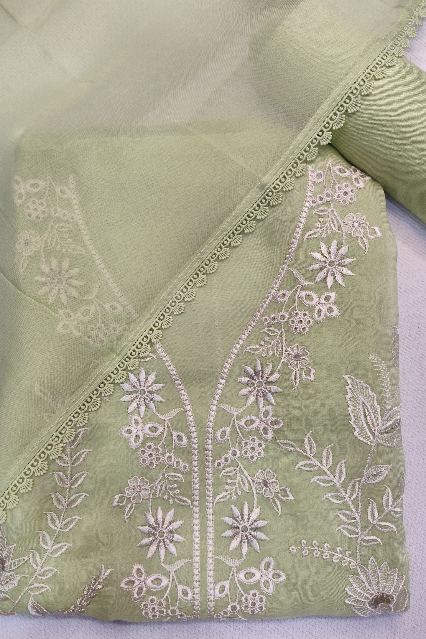 Parrot Pure Organza Suit With Schiffli Work