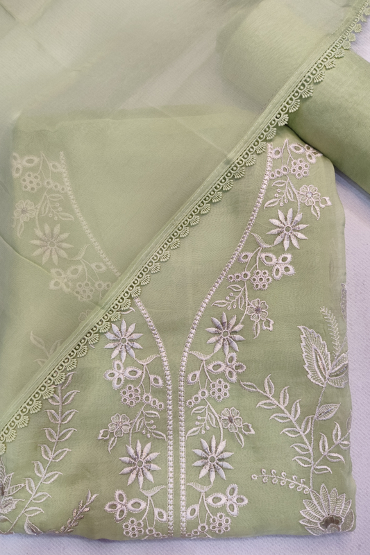 Parrot Pure Organza Suit With Schiffli Work