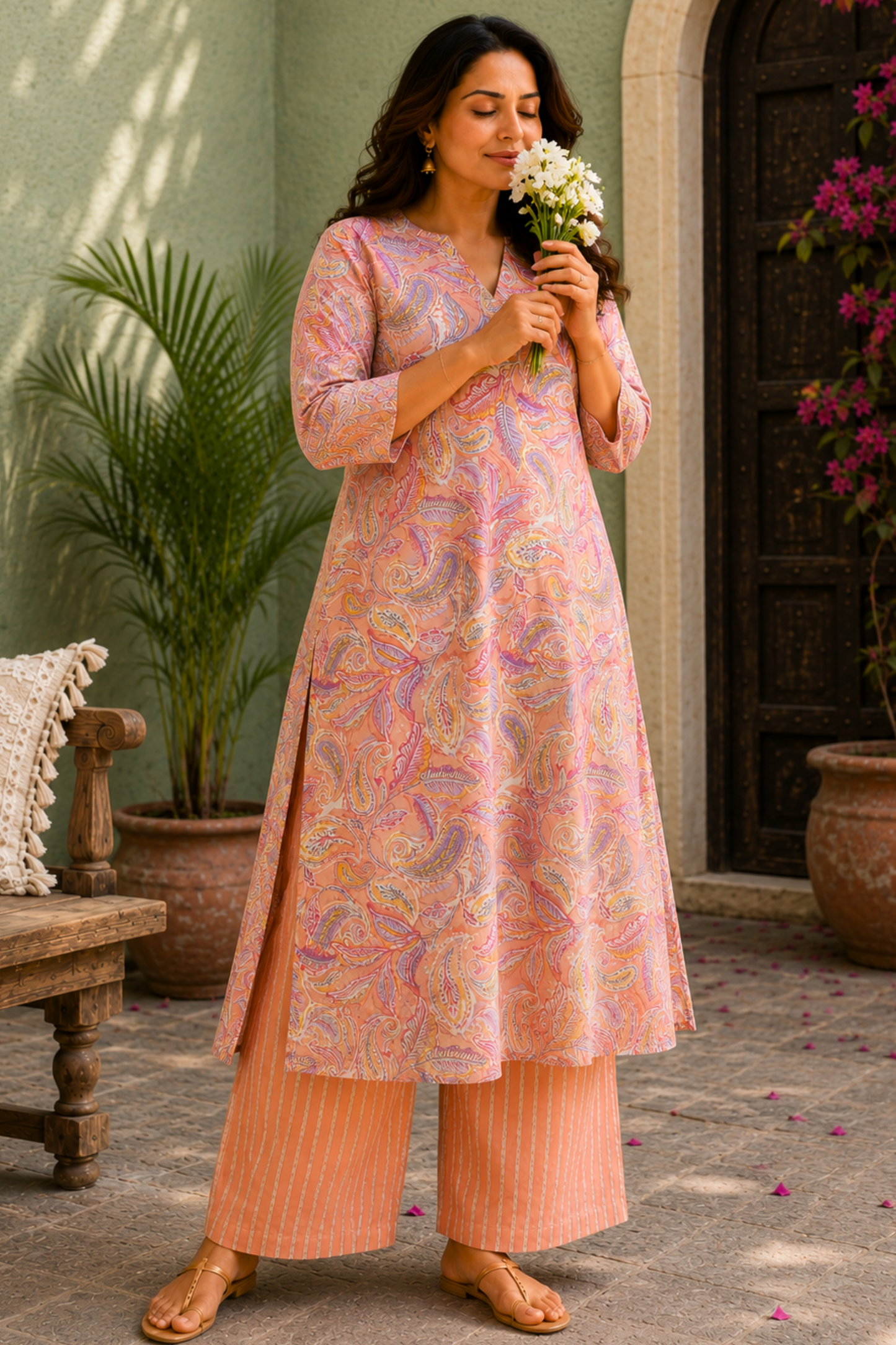 Peach Reverie A-line Kurta With Flared Pants