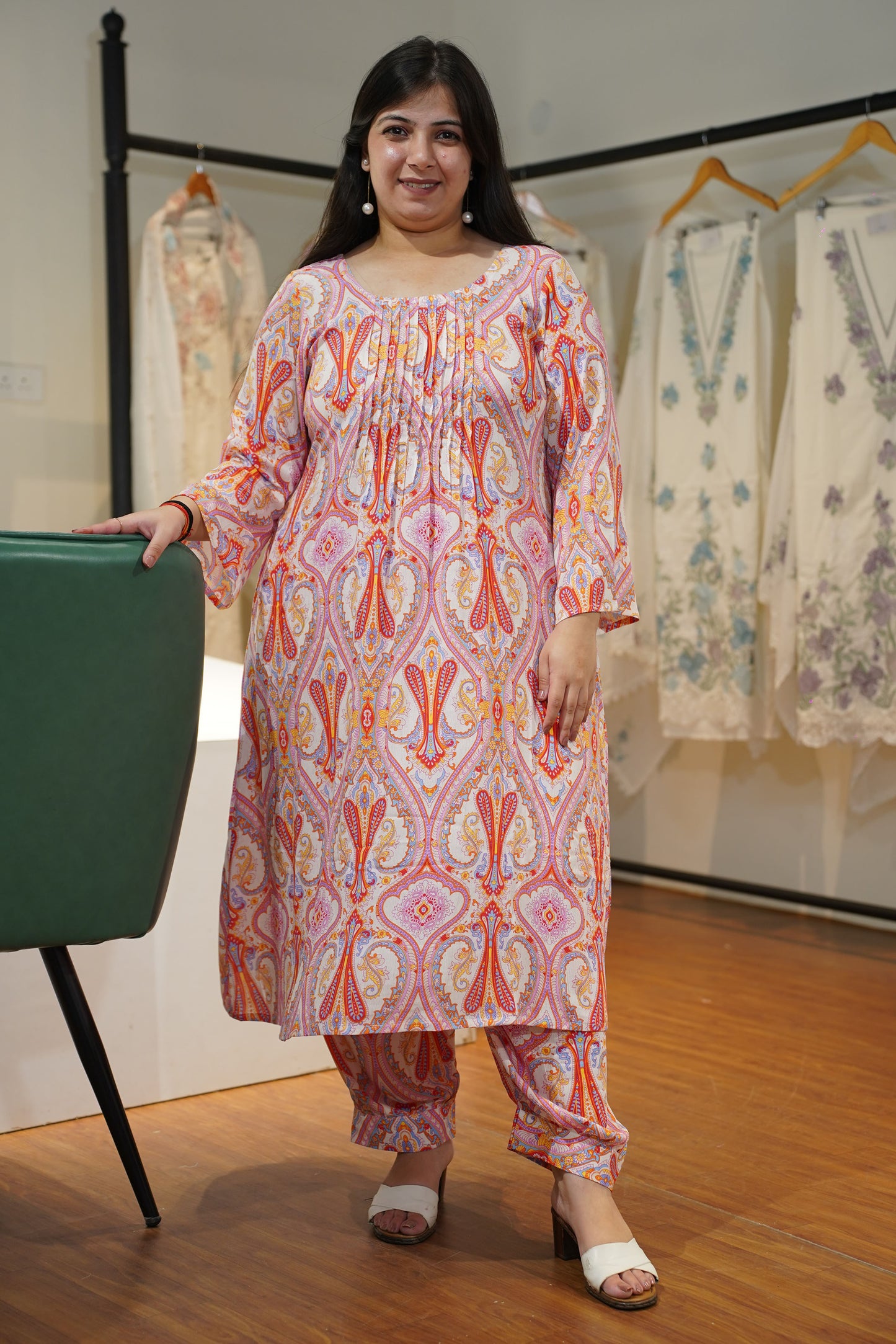 Peach Pintuck A-Line Afghani Suit