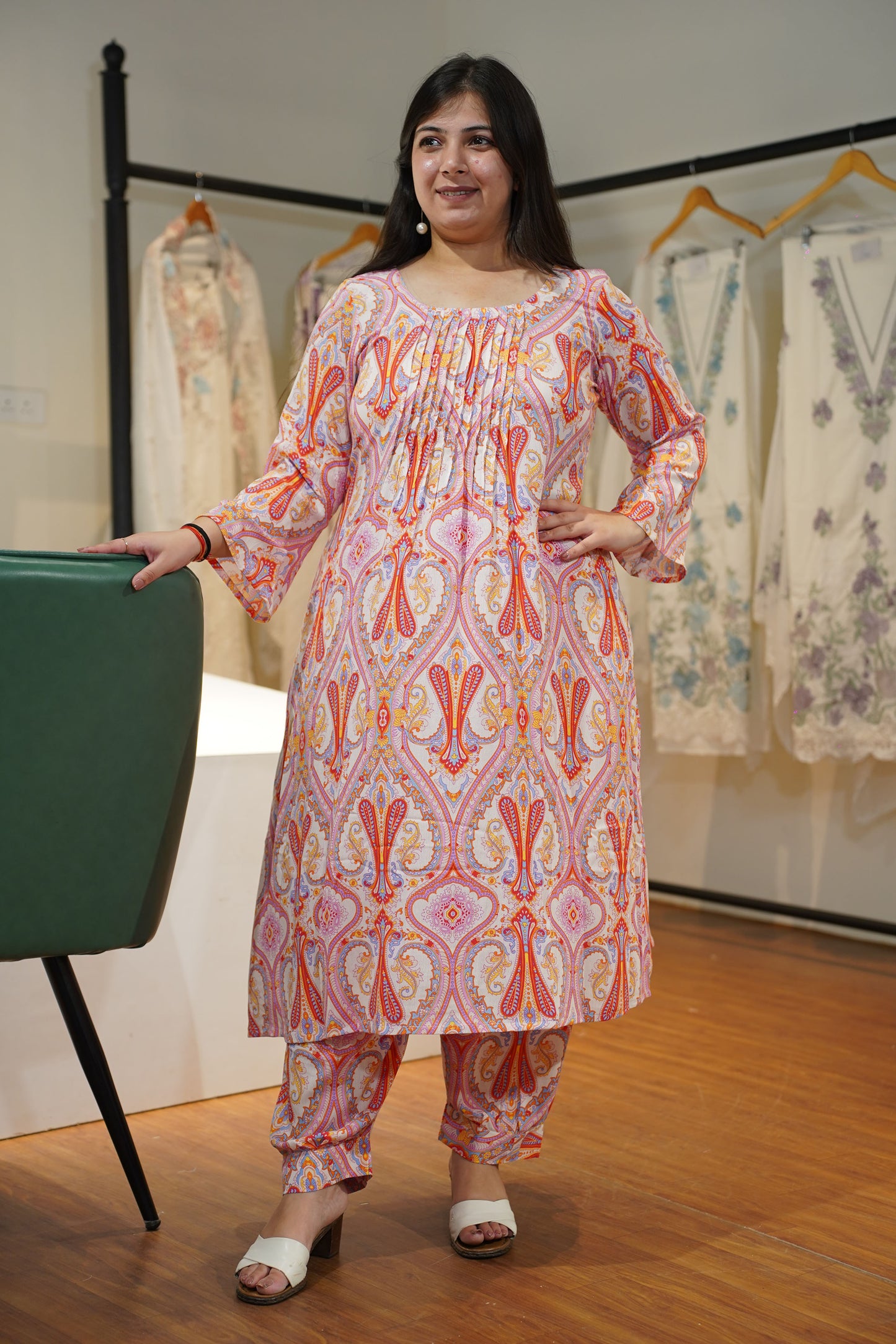 Peach Pintuck A-Line Afghani Suit