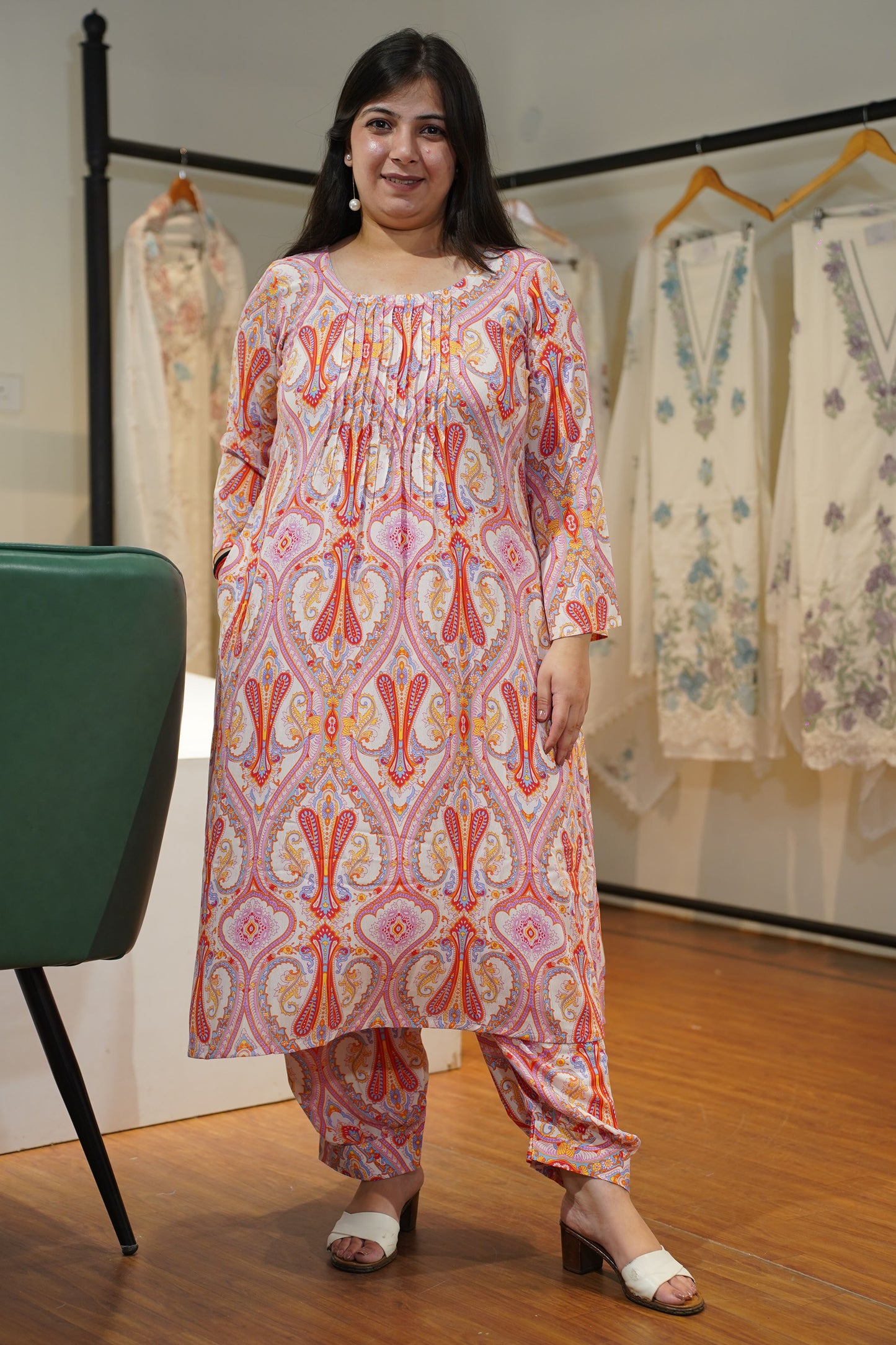 Peach Pintuck A-Line Afghani Suit