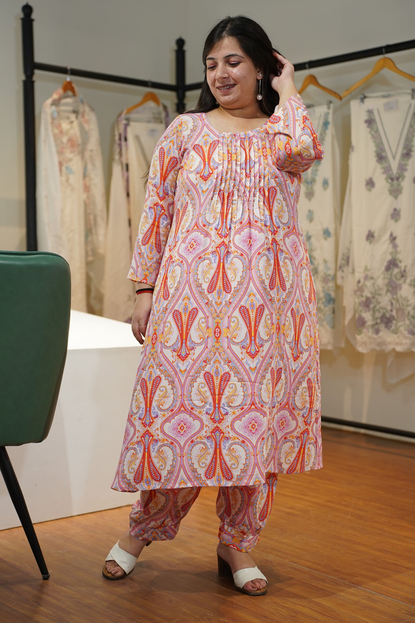 Peach Pintuck A-Line Afghani Suit