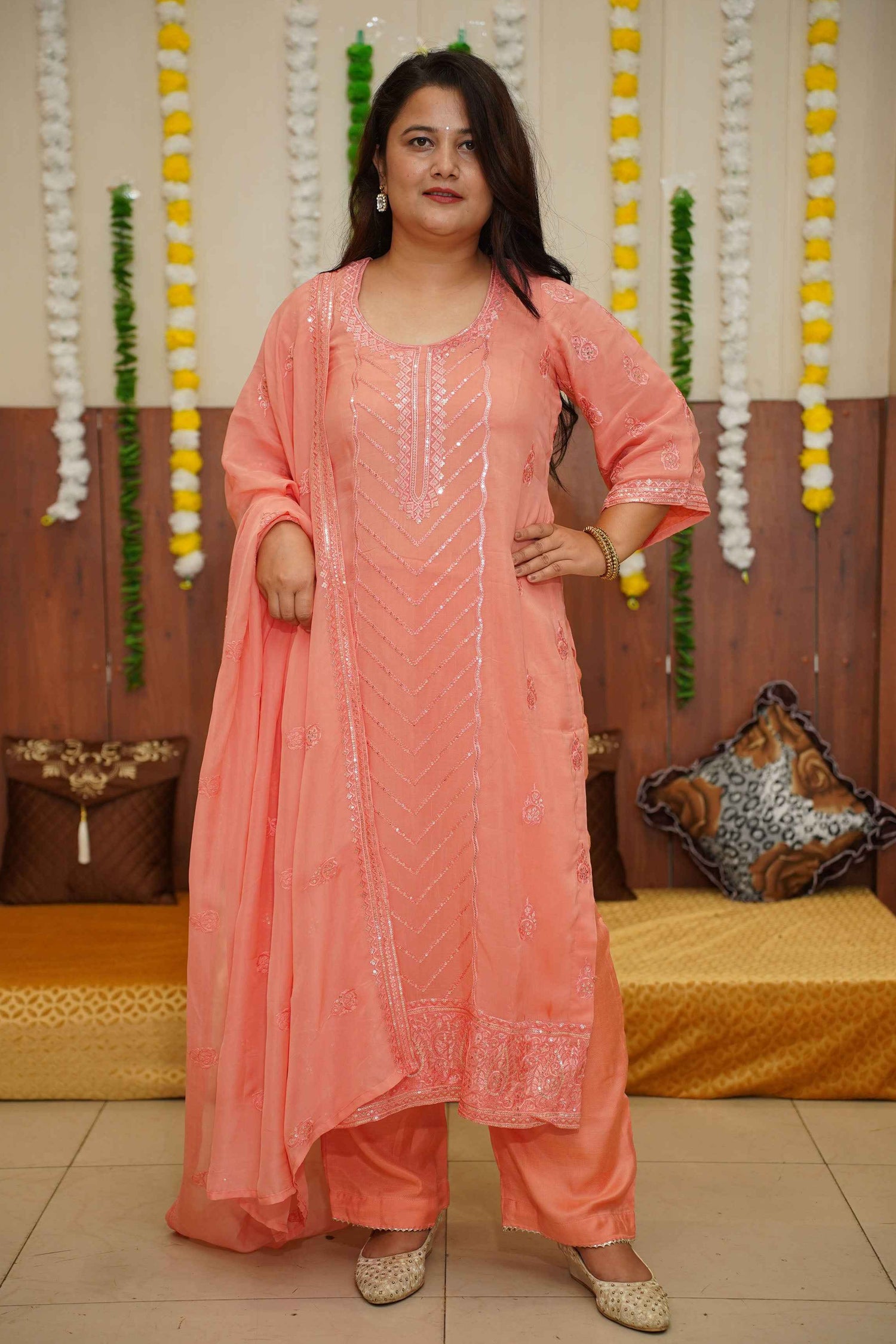 Buy Plus Size ​Peach Sequined Organza Suit Set At Apella | Sizes XS to 10 XL | India | Free Delivery | Customized