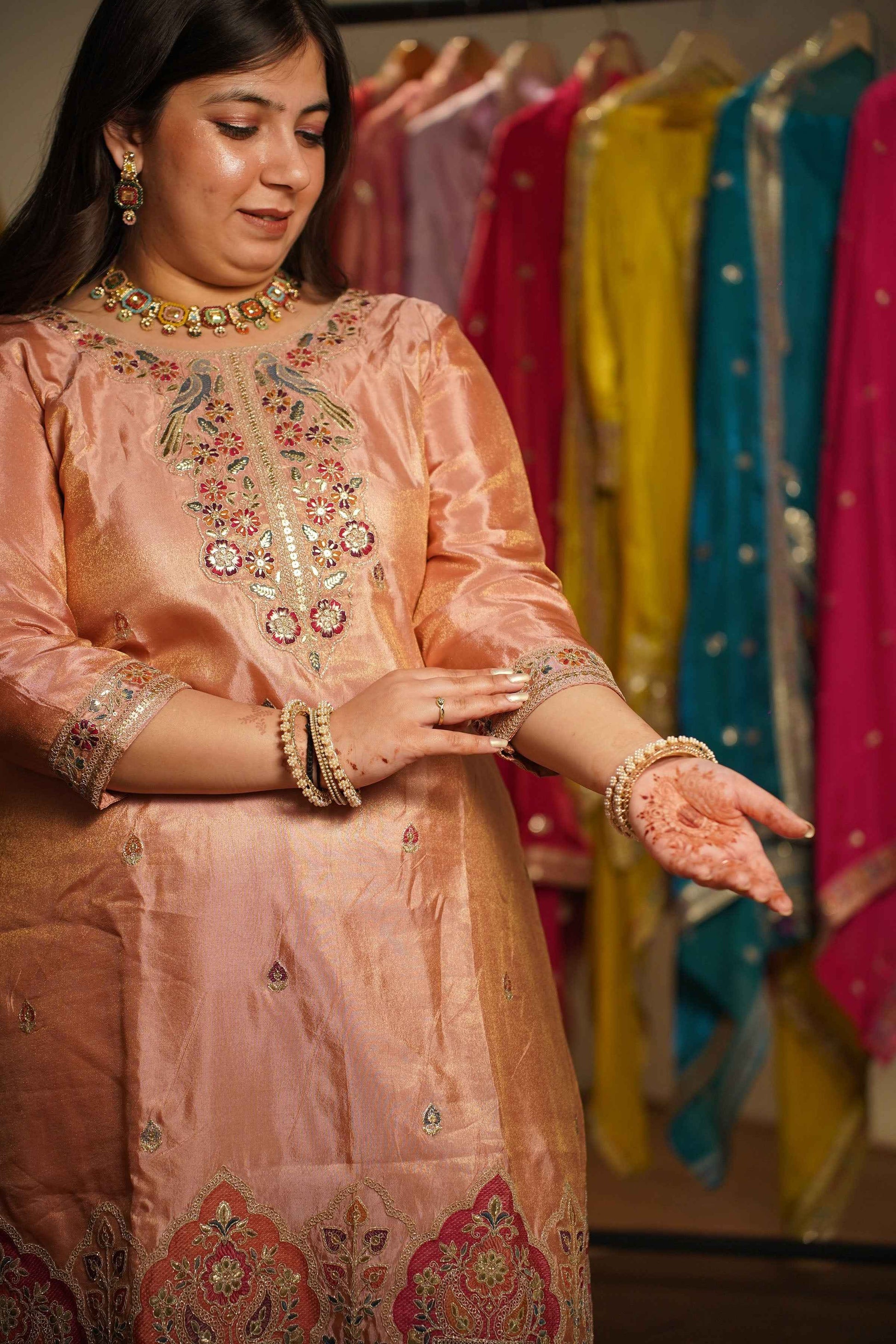 Rehaya Tissue Shimmer Embroidered Sharara Suit