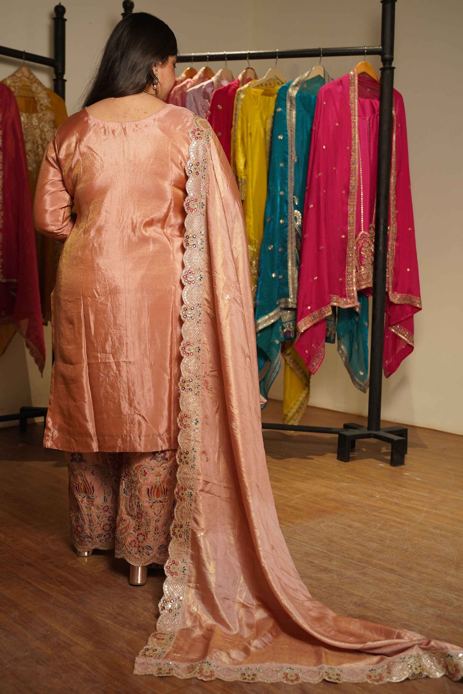 Rehaya Tissue Shimmer Embroidered Sharara Suit