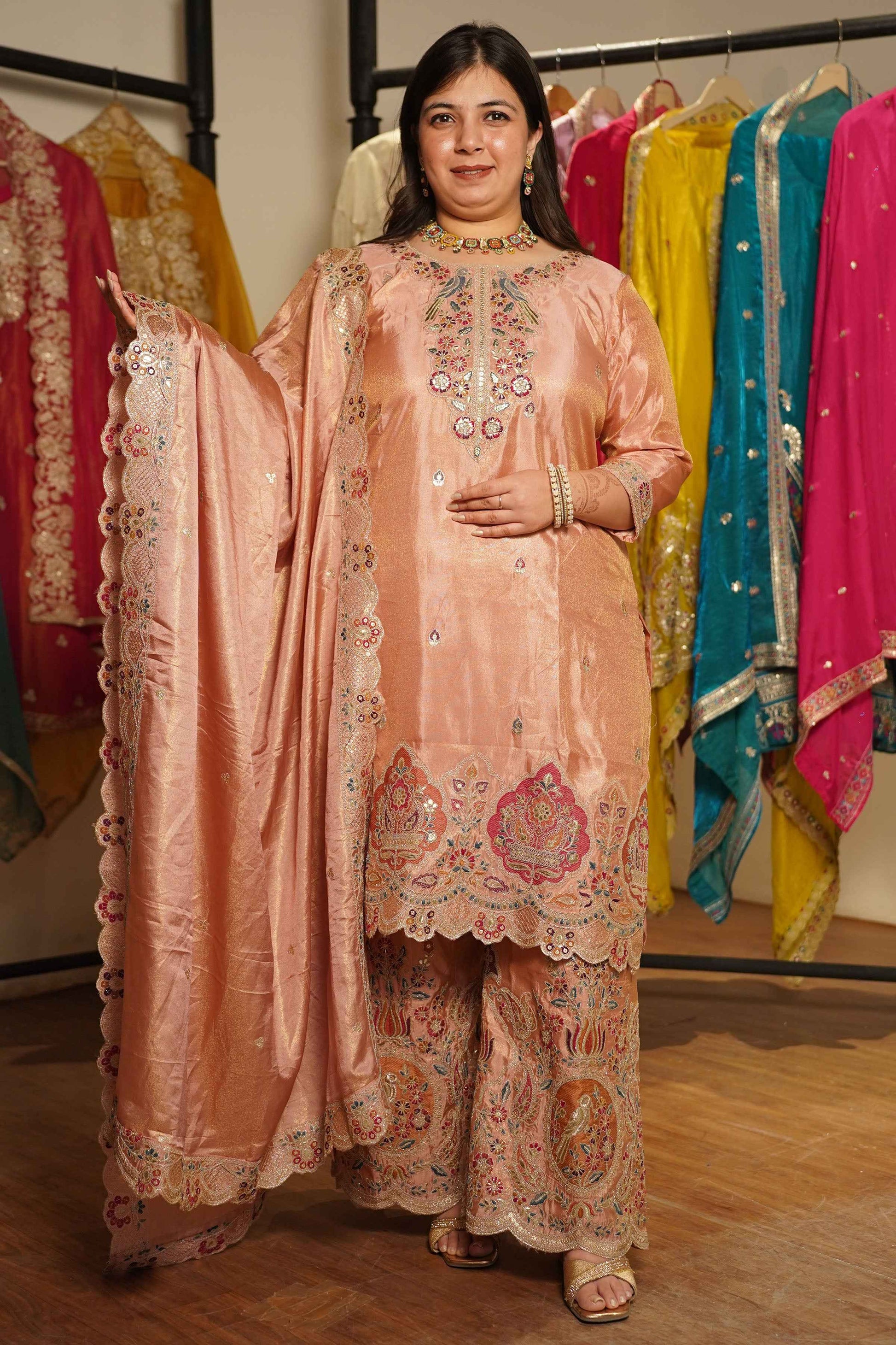 Rehaya Tissue Shimmer Embroidered Sharara Suit