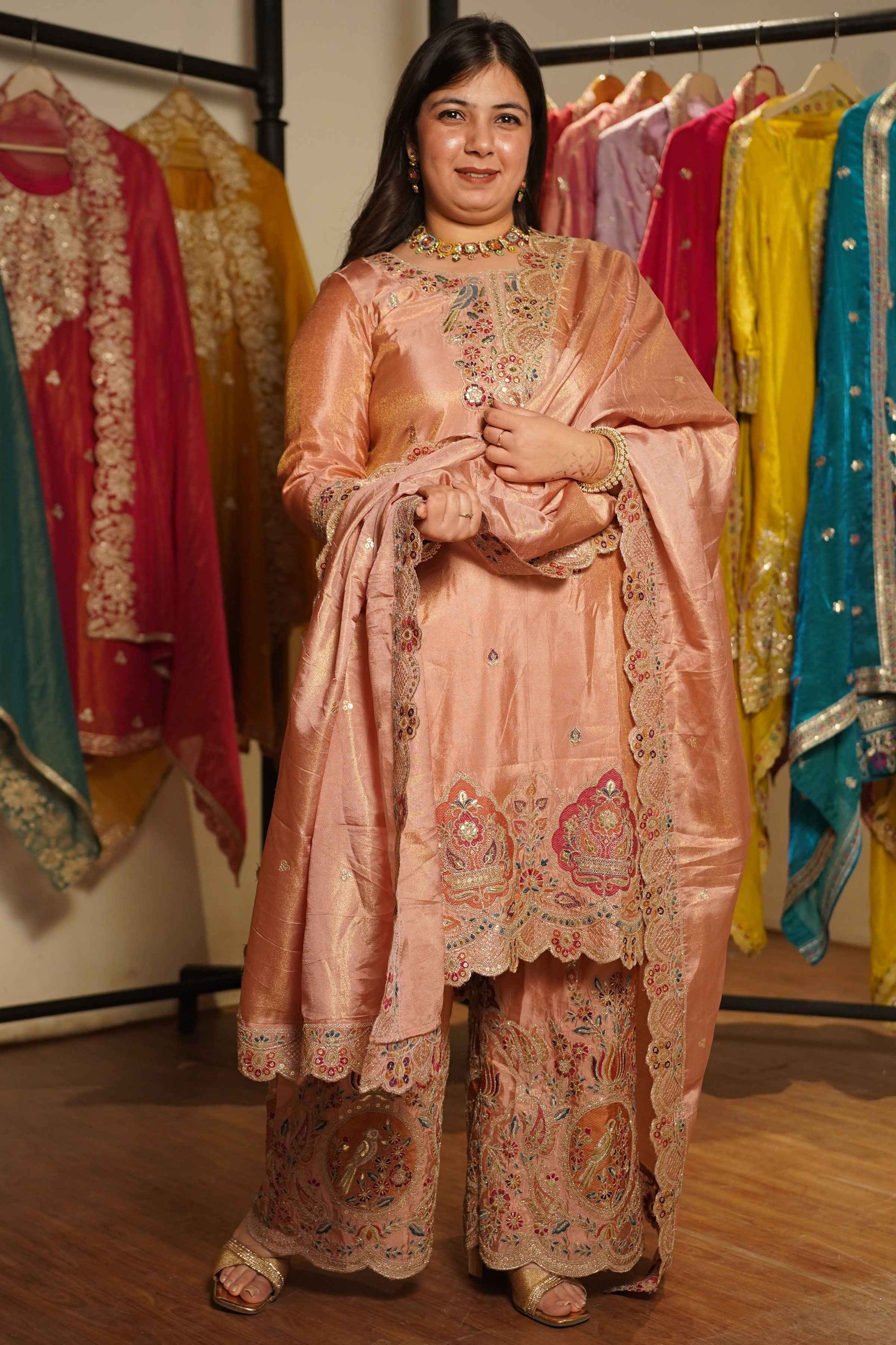 Rehaya Tissue Shimmer Embroidered Sharara Suit