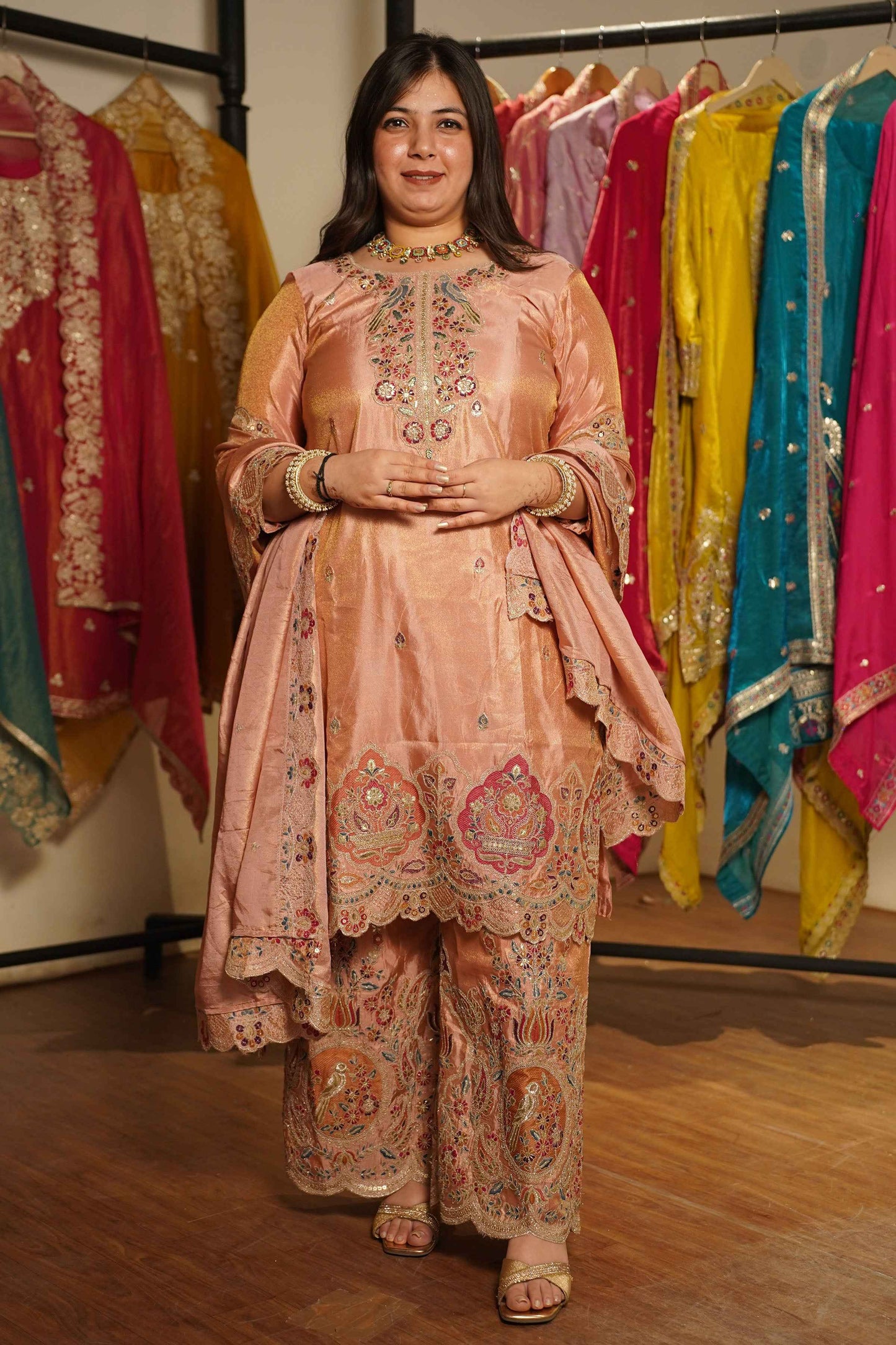 Rehaya Tissue Shimmer Embroidered Sharara Suit