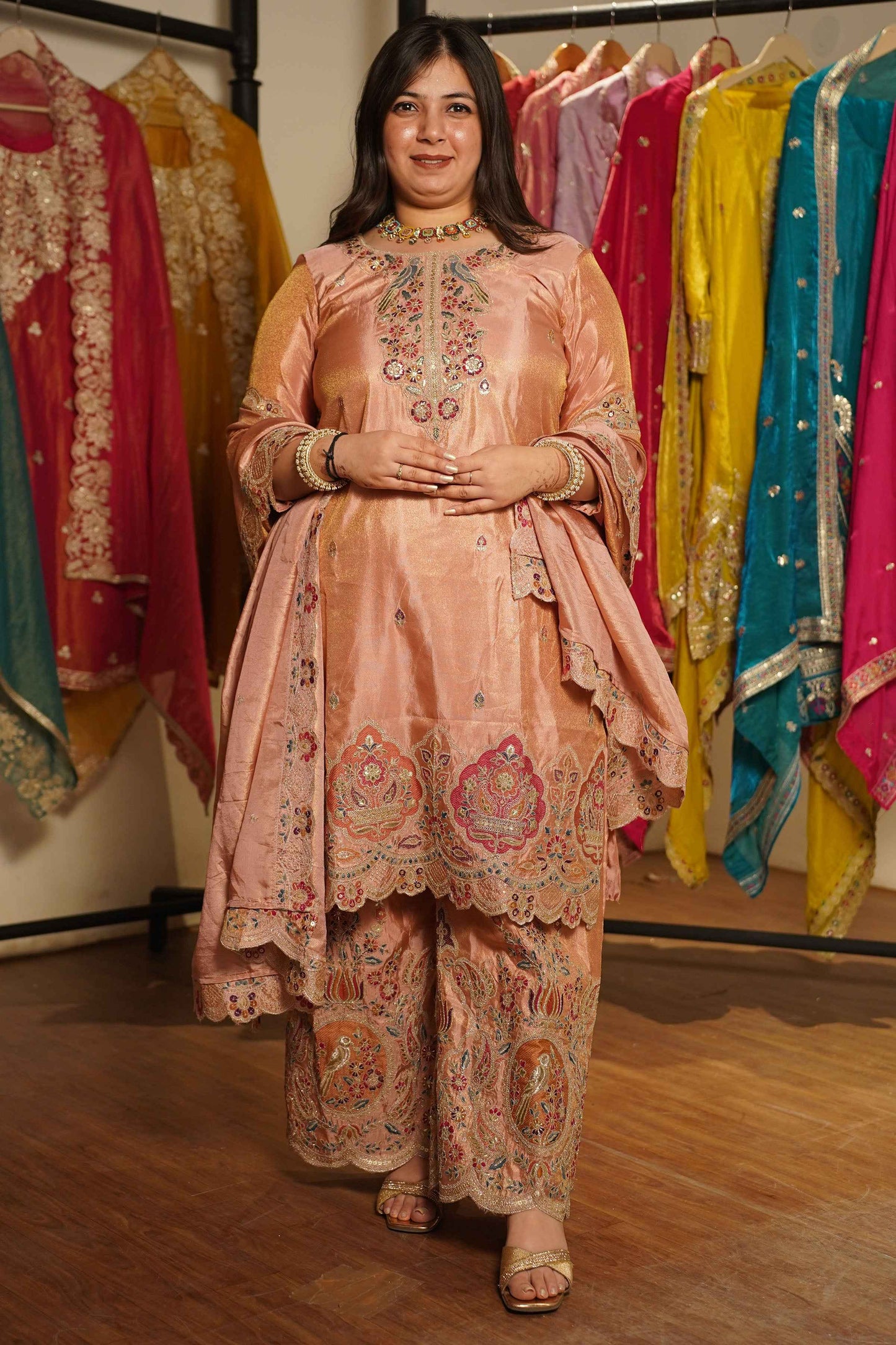 Rehaya Tissue Shimmer Embroidered Sharara Suit